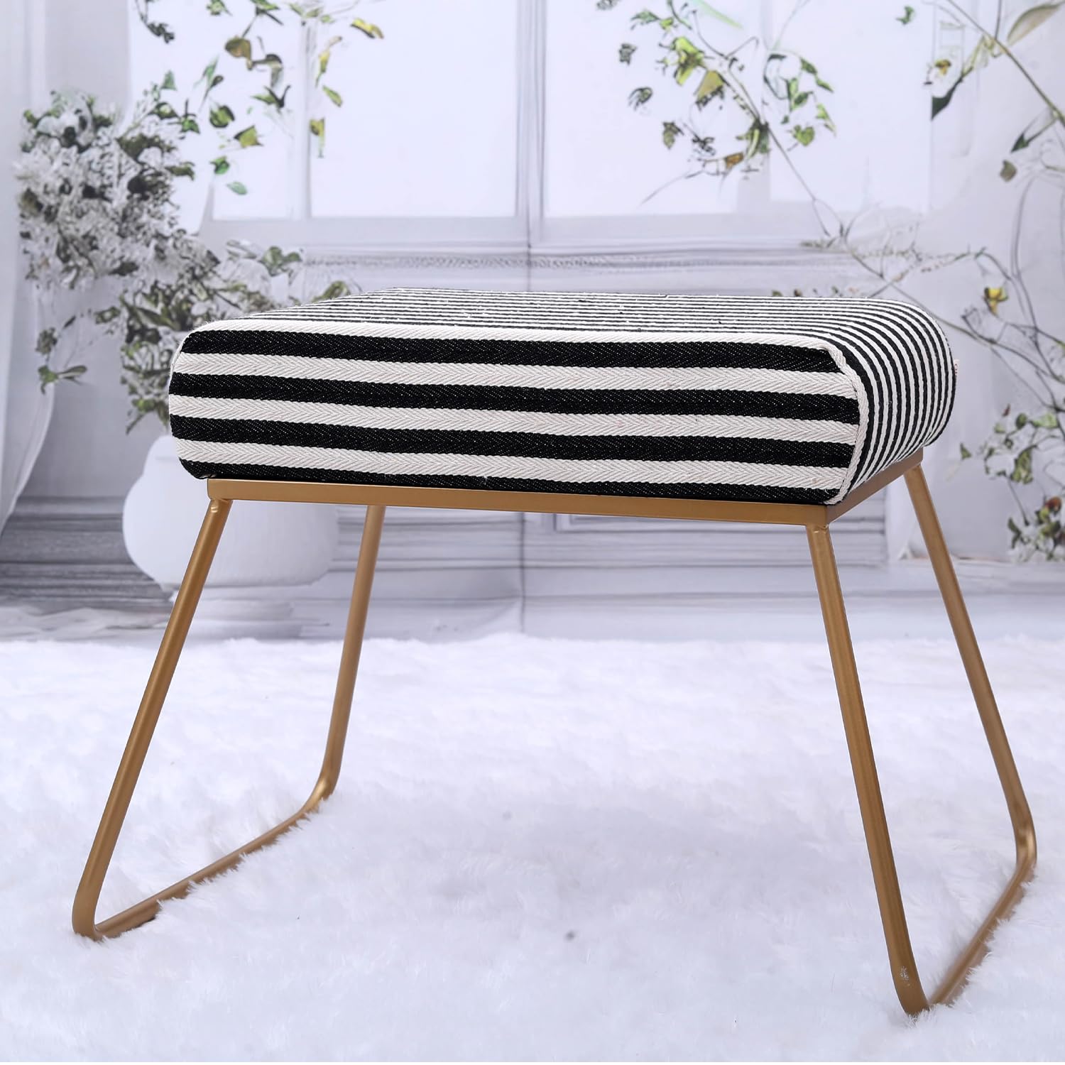 Greetwood Rectangle Ottoman Stool for Living Room, Home, Dressing Table Seating Poufs with Cotton Cushion/Footrest Stool for Chair Sofa Bed Side Table (16X11X15.25 Inch, Golden-Stripe) - 1pc-image-0