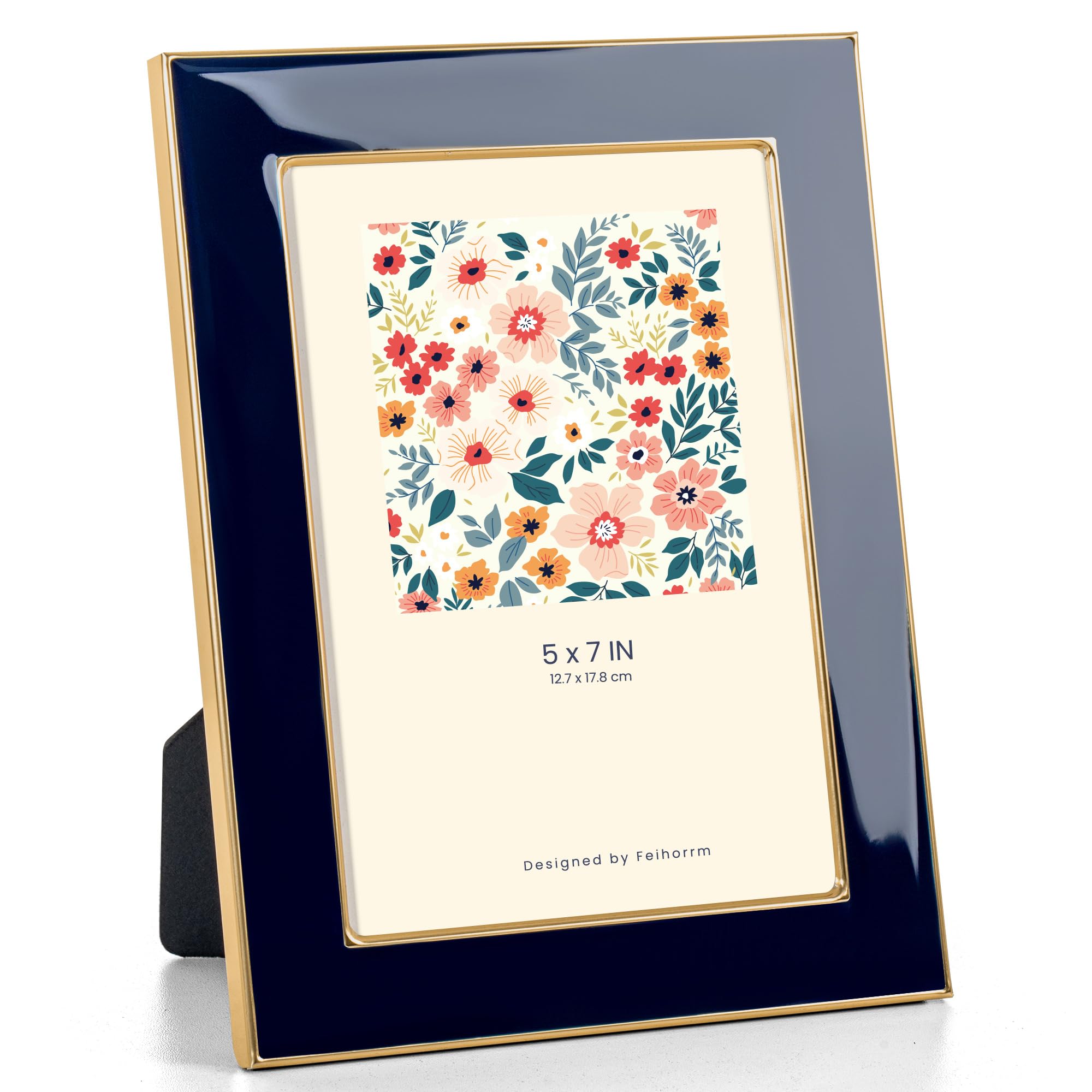Feihorrm Photo Frame 7x5, Navy Blue Enamel Frame with Gold Metal Edge, HD Tempered Glass Picture Frame, Vertical & Horizontal Display, Tabletop & Wall Mount Decor