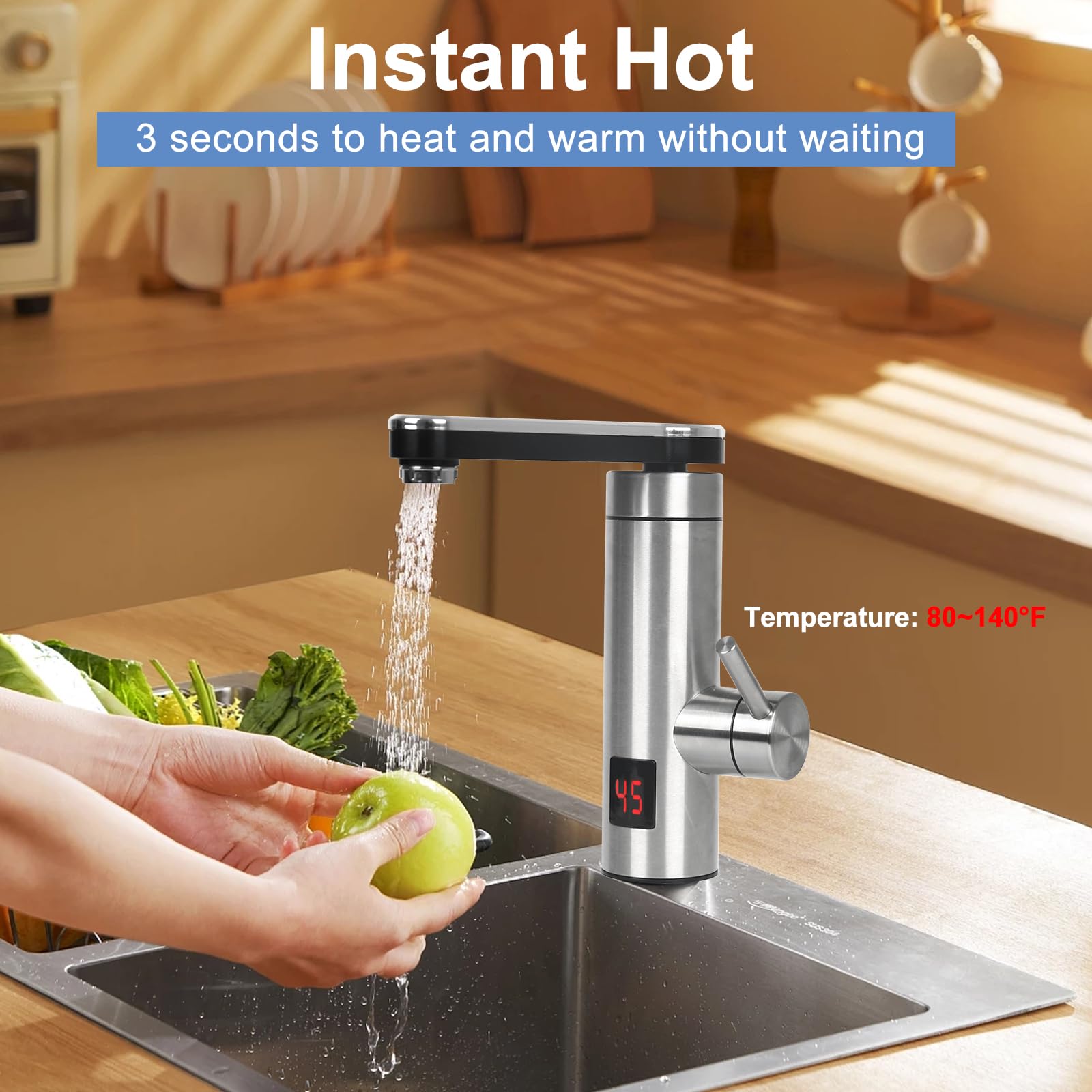 Grifo Calentador Eléctrico 3 KW Con Indicador De Temperatura LED 360°, Mezclador De Acero Inoxidable Para Baño Y Cocina
