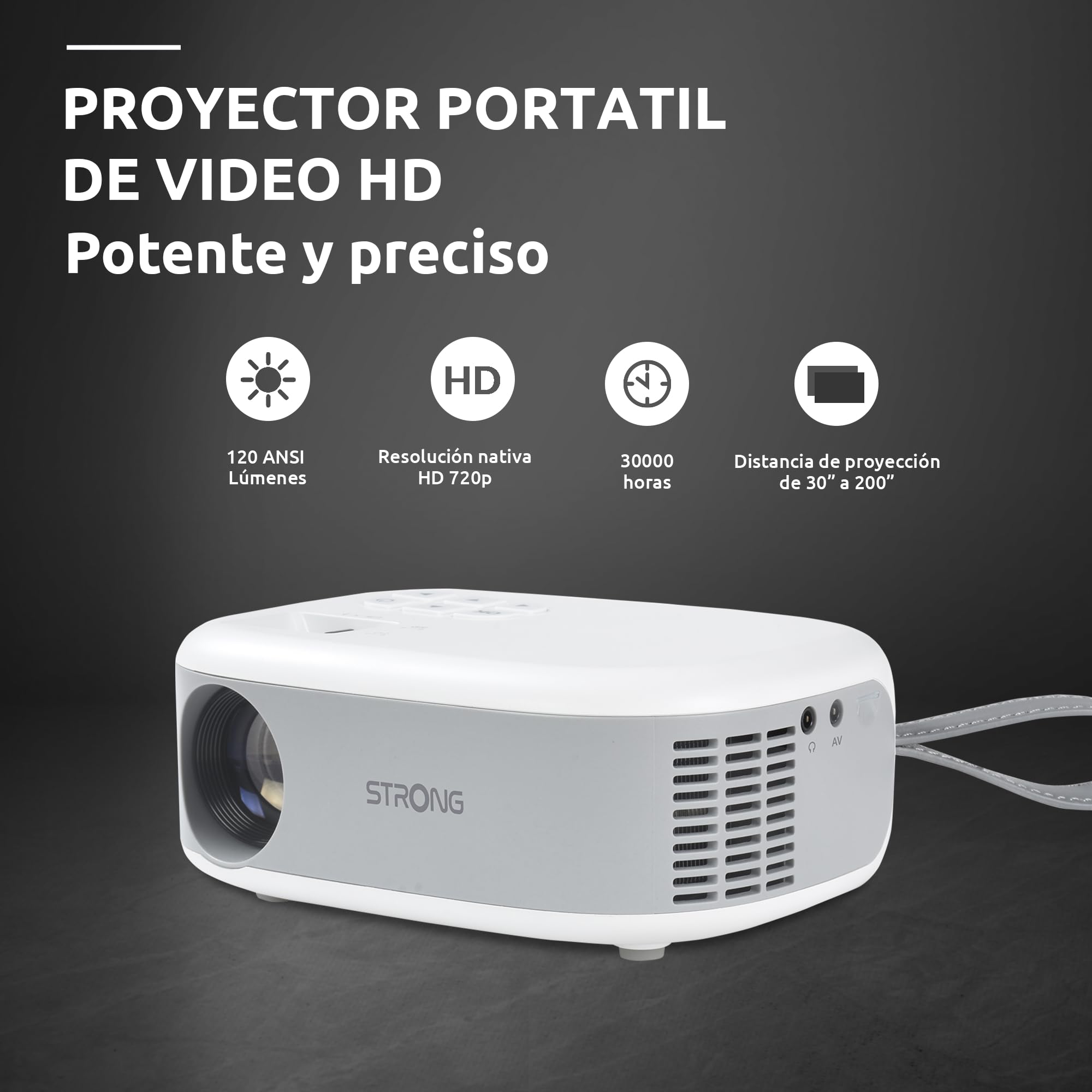 STRONG - Mini Proyector de Vídeo N1 - Resolución HD 720p Compatible con Full HD 1080p - 120 ANSI Lúmenes - Distancia de proyección 0,9 a 6,2 m - Conectividad HDMI/USB/AV + Salida de Audio - Blanco