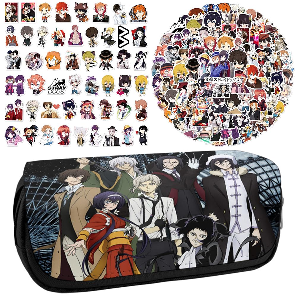 Bungo Stray Dogs Anime Printed Pencil Case Student Stationery Bag Large Capacity Double Layer Pencil Bag Free 100 pcs Anime Stickers Cartoon Graffiti Waterproof Stickers