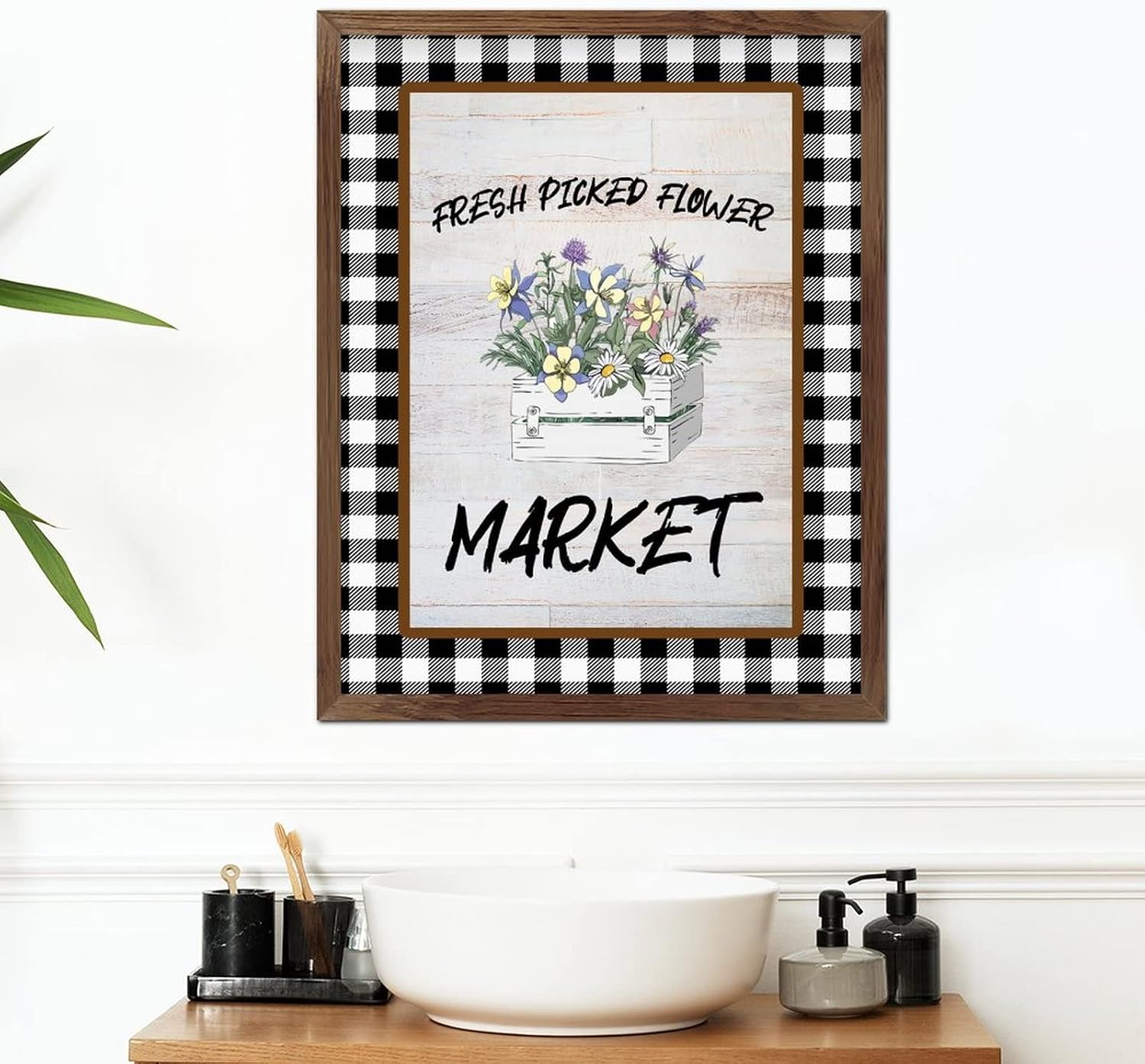 Fresh Picked Flower Market Wood Framed Signs Buffalo Plaid Spring Floral Box Wall Sign Farmhouse Garden Floral Home Family Wall Decor for Bedroom Living Room Office Home Wall 20x16inch