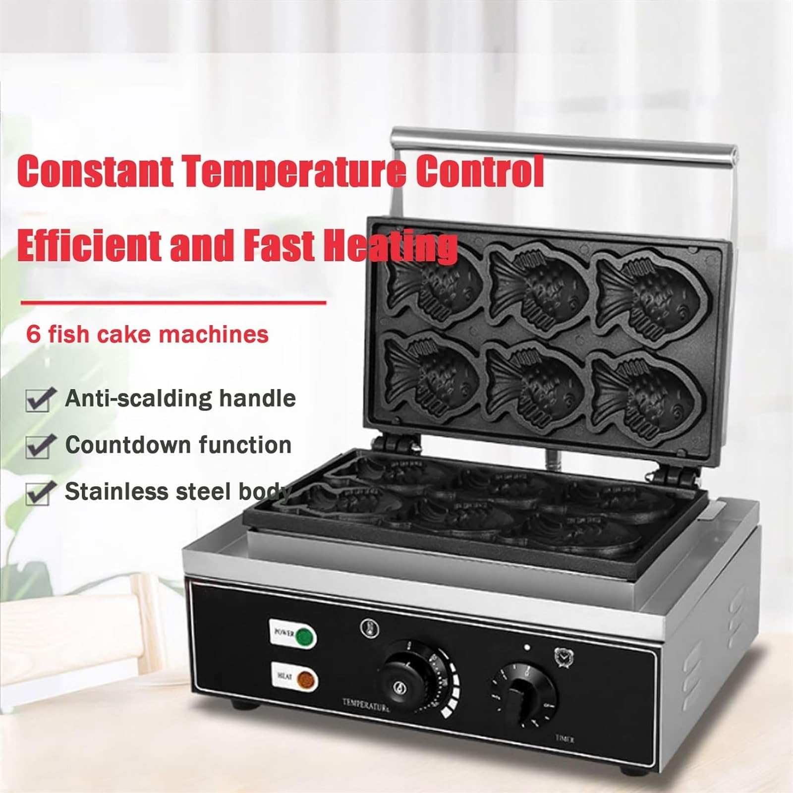 Piastra per waffle professionale a forma di pesce, antiaderente, per waffle belgi, facile da pulire, con controllo della temperatura regolabile, design compatto in acciaio inossida,