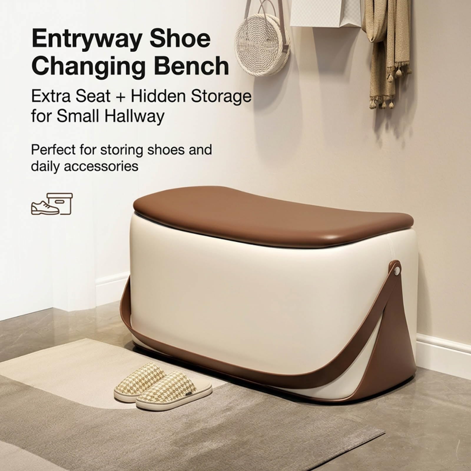 Sitzbank mit Stauraum, Elegante Truhenbank aus Echtem Nappa Leder mit Praktischem Trageriemen, Komfortable Polsterbank Bettbank und Fußhocker für Schlafzimmer Wohnzimmer(B,60cm/23.6in)