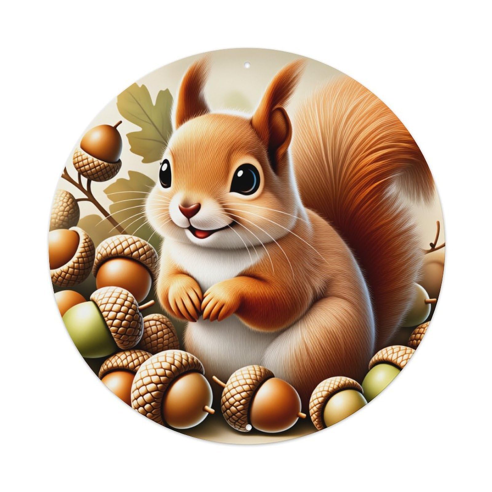 Cute Squirrel Acorns Autumn Leaves Round Tin Sign Vintage Style Metal Sign Home Bar Garden Wall Plaque Decor Metal Poster 8x8 Inch