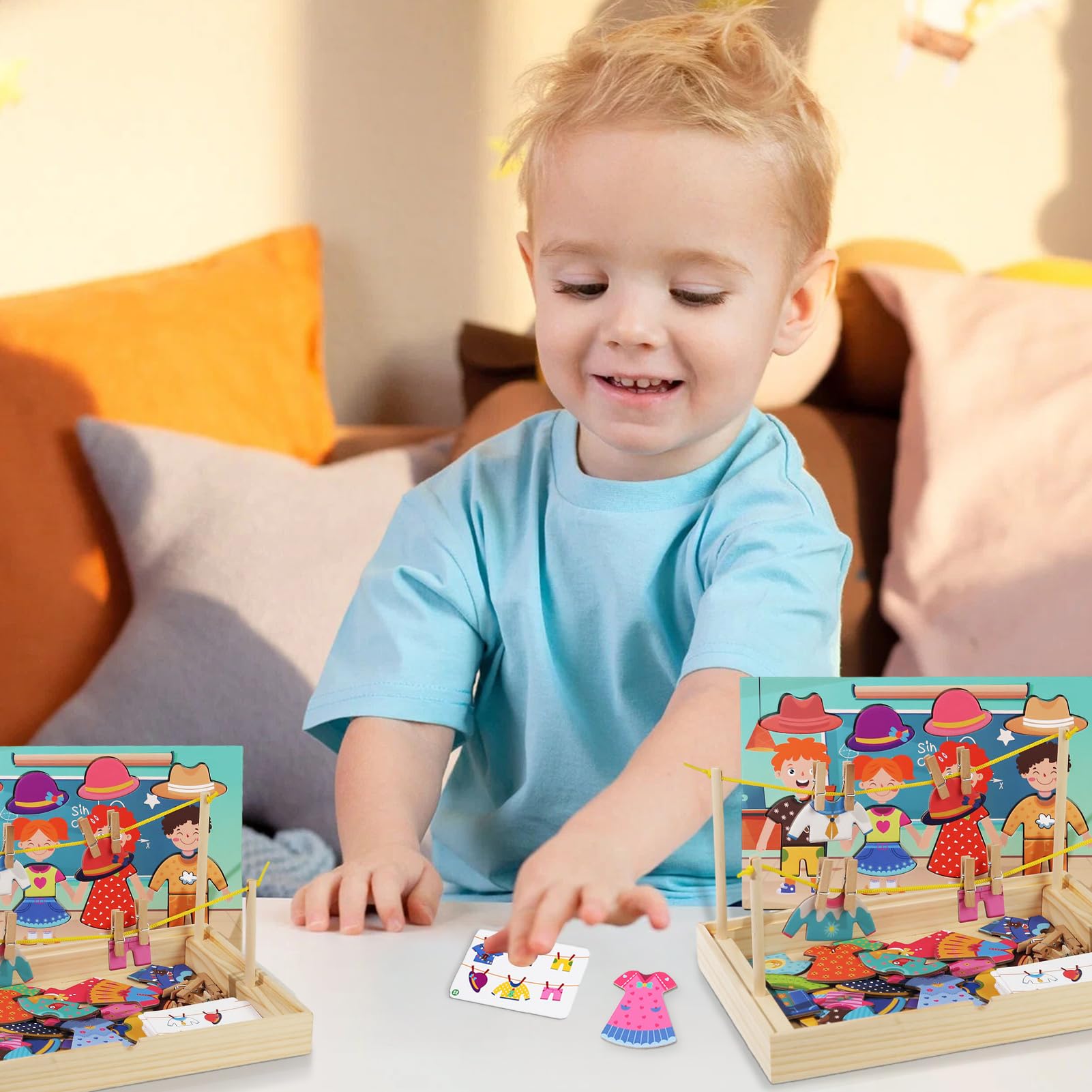 DASHIELL Puzzles en Bois pour Tout-Petits, Jeu d'association pour | Étendoir à Linge, matériel didactique pour l'habillement - de Puzzle d'habillage, de Changement de vêtements,