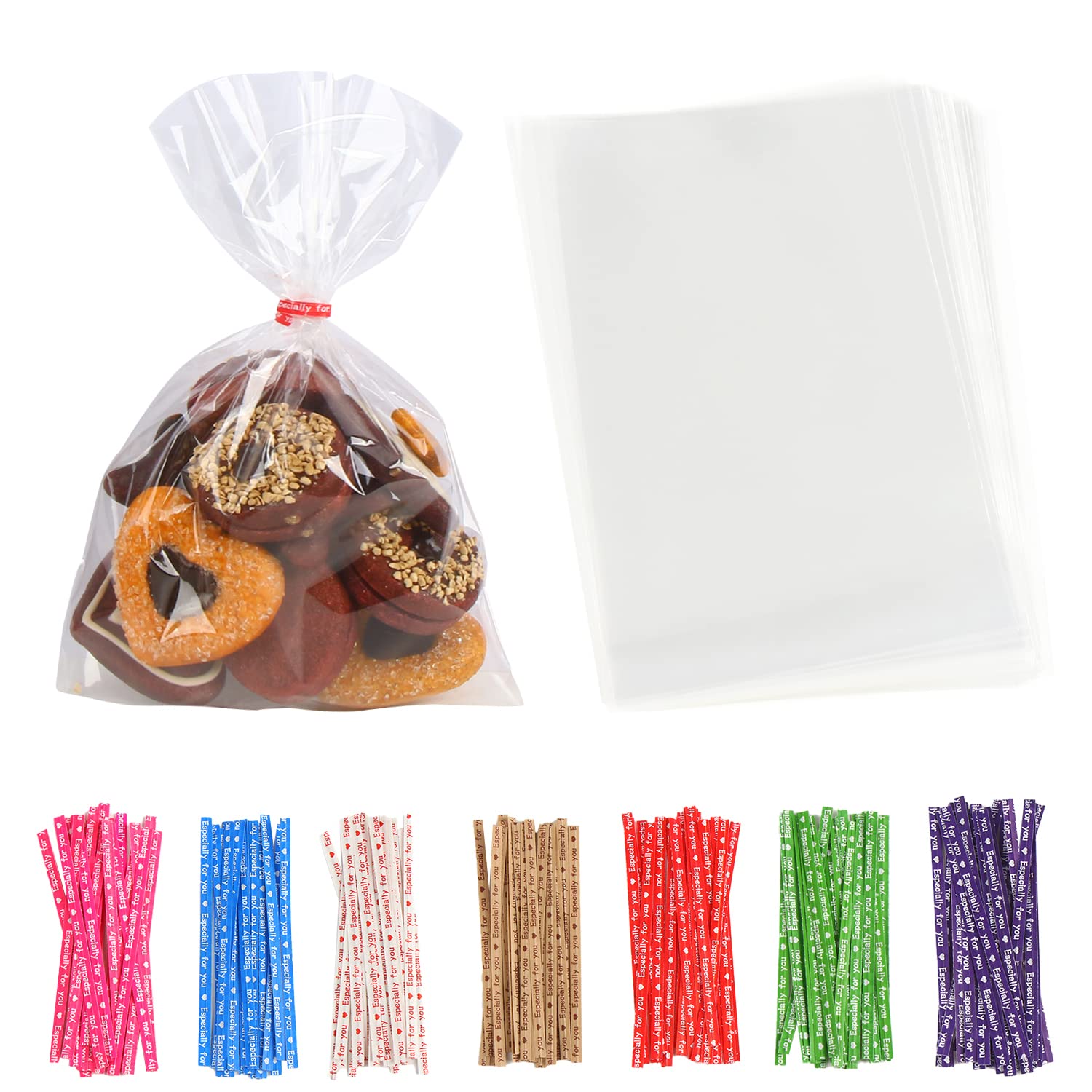 LOMIMOS 6X9in Cellophane Treat Bags,Clear Plastic Cello Goody Packing Bags with Twist Ties for Handmade Bakery Popcorn Cookie Dessert,100pcs