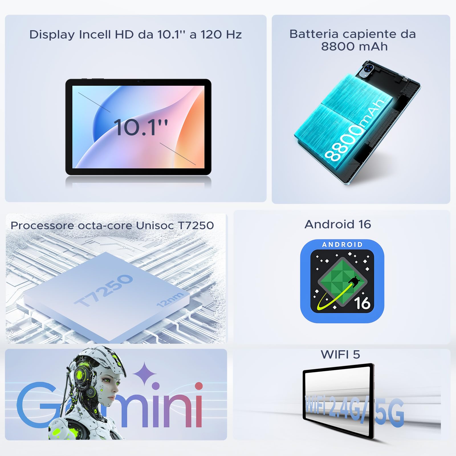 P10 Pro Tablet Android 16, Tablet 10 Pollici con Gemini AI, 120Hz, Octa-Core T7250, 48GB RAM+128GB ROM/2TB TF, 8800mAh, 13MP+5MP, Face ID/GPS/FM/Jack 3,5 mm, Tablets con Tastiera e Penna, Grigio