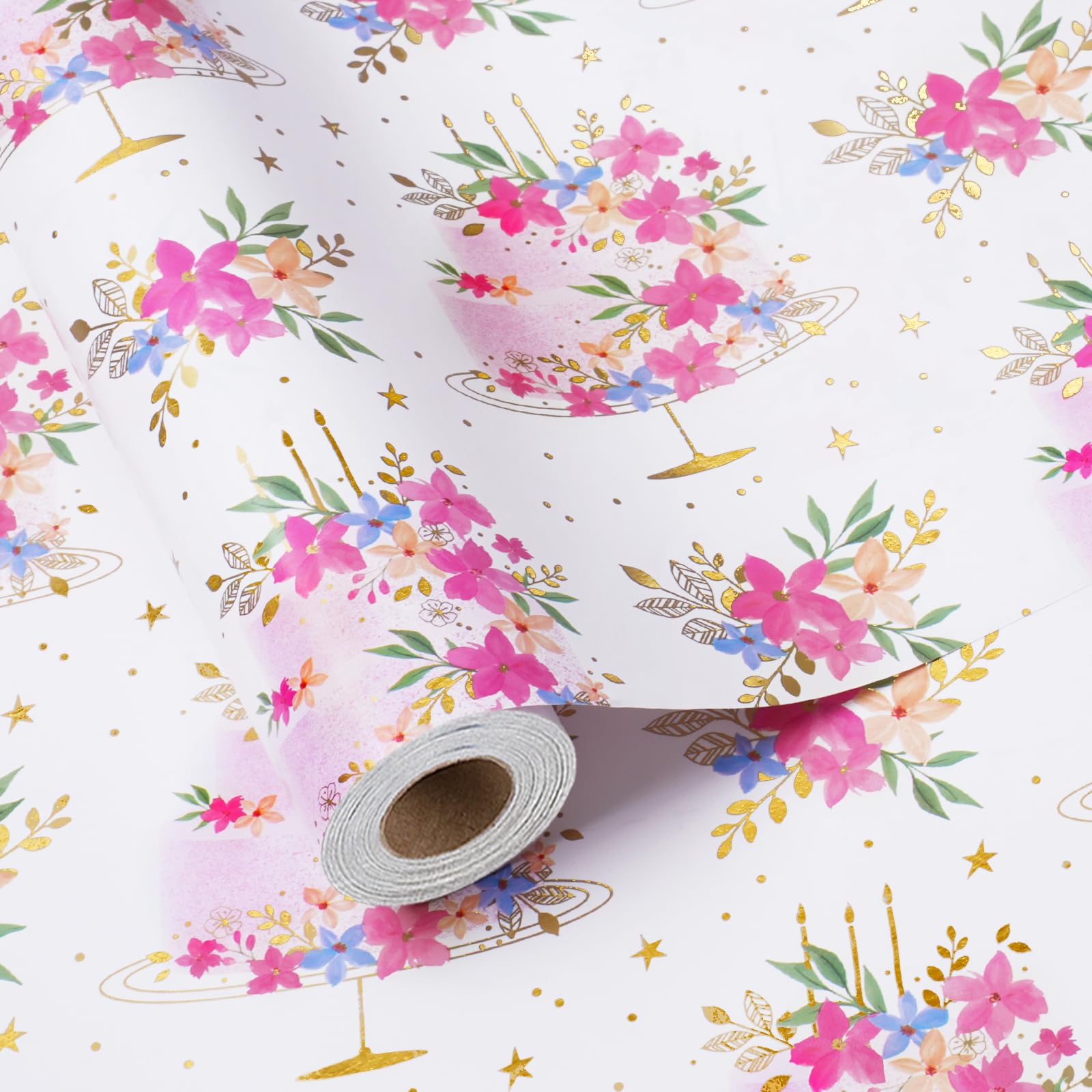 BIOBROWN Birthday Cake Wrapping Paper Pink Cake with Flower Design