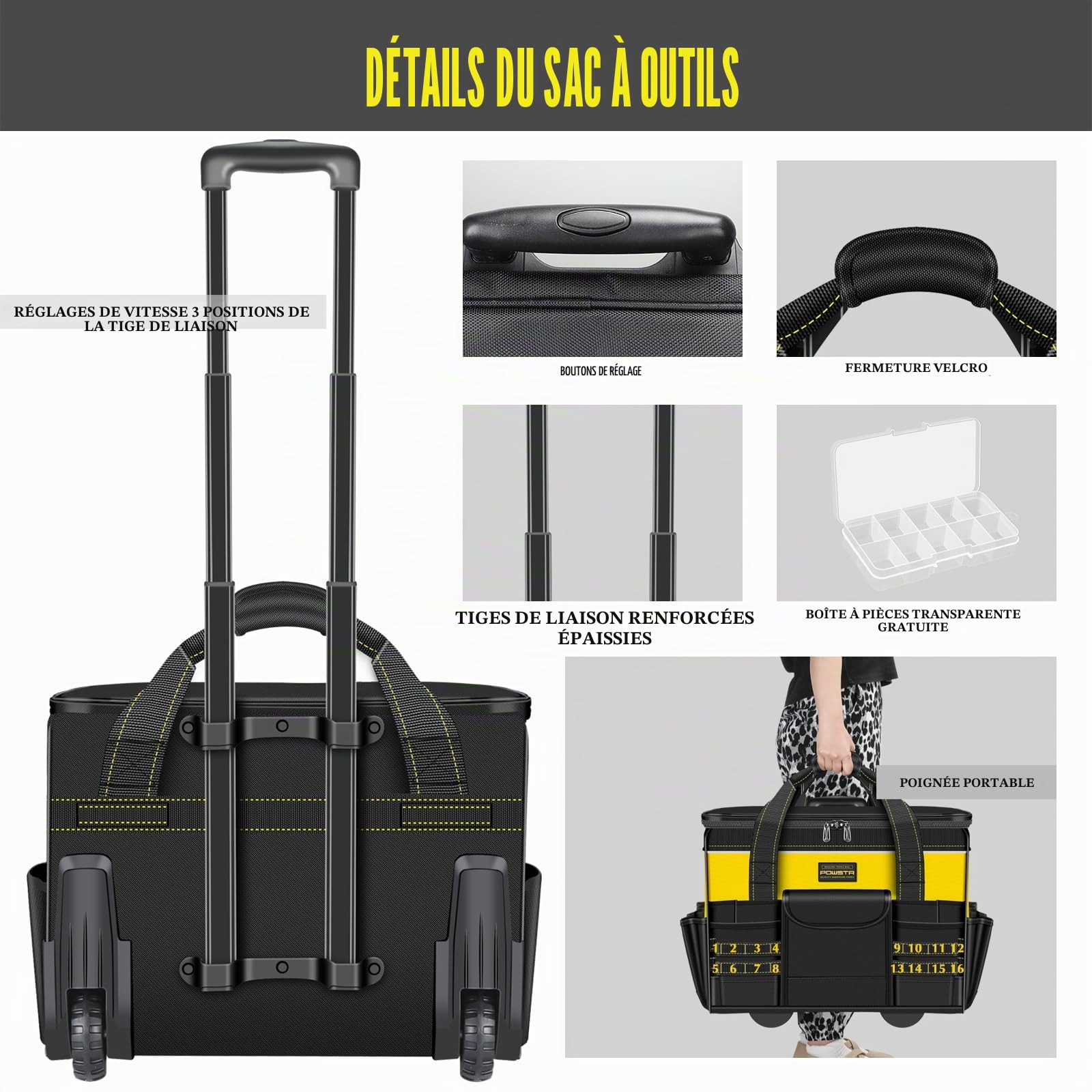 53,3cm Sac à Outils à Roulettes De Avec Roulettes, étanche Avec Poignée Télescopique, 18 Poches,Sacs à Outils Multi-usages Pour la Construction, électricien, Jaune/Noir