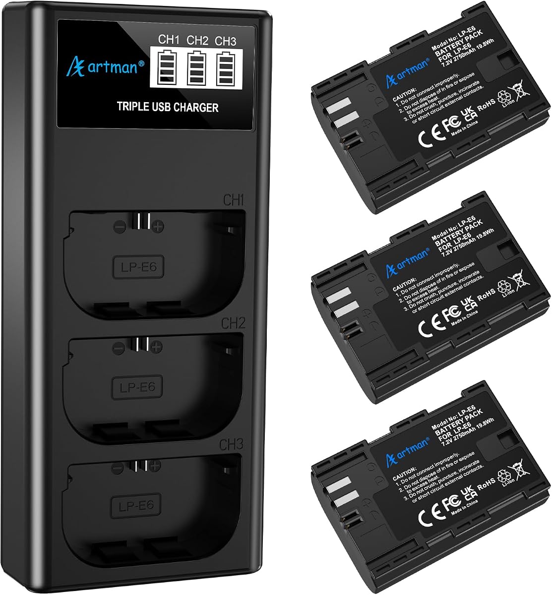 Artman LP-E6N LP-E6 Battery 3-Pack 2750mAh and 3-Slot LCD Charger for EOS R R5 R6 R7, R5 C, R6 Mark II,EOS 5D Mark II III IV,5D SR,6D Mark II 7D Mark II,6D 7D 90D 80D 70D 60D 60DA,XC10 XC15 Camera