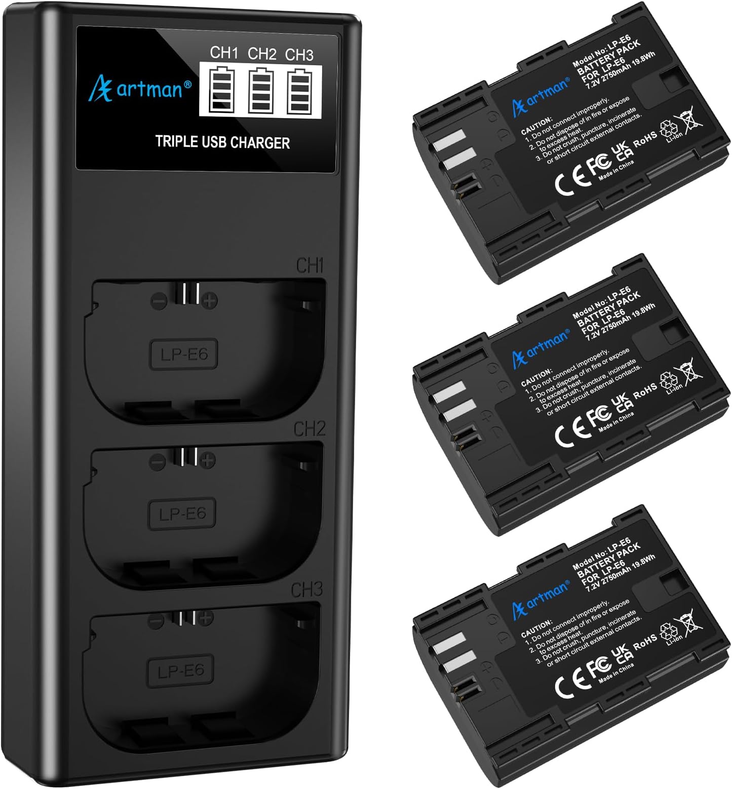 Artman LP-E6N LP-E6 Battery 3-Pack 2750mAh and 3-Slot LCD Charger for EOS R R5 R6 R7, R5 C, R6 Mark II,EOS 5D Mark II III IV,5D SR,6D Mark II 7D Mark II,6D 7D 90D 80D 70D 60D 60DA,XC10 XC15 Camera
