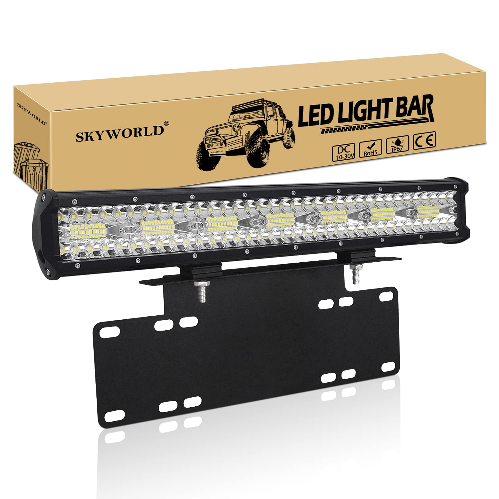 SKYWORLD Listwa świetlna LED, 50 cm, 420 W, 8D, potrójne rzędy, wiązka punktowa, światła terenowe, z uchwytem montażowym tablicy rejestracyjnej, do ciężarówki, samochodu, ATV, SUV, 4 x 4, lampa