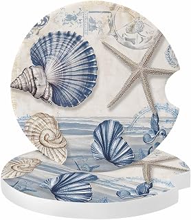 Farmhouse Ocean Car Coaster, Shell Starfish Fishing Hook Nautical Absorbent Ceramic Coasters for Car, 2 Pcs Coasters for Auto Cupholder Accessories Keep Vehicle Clean 2.56inch