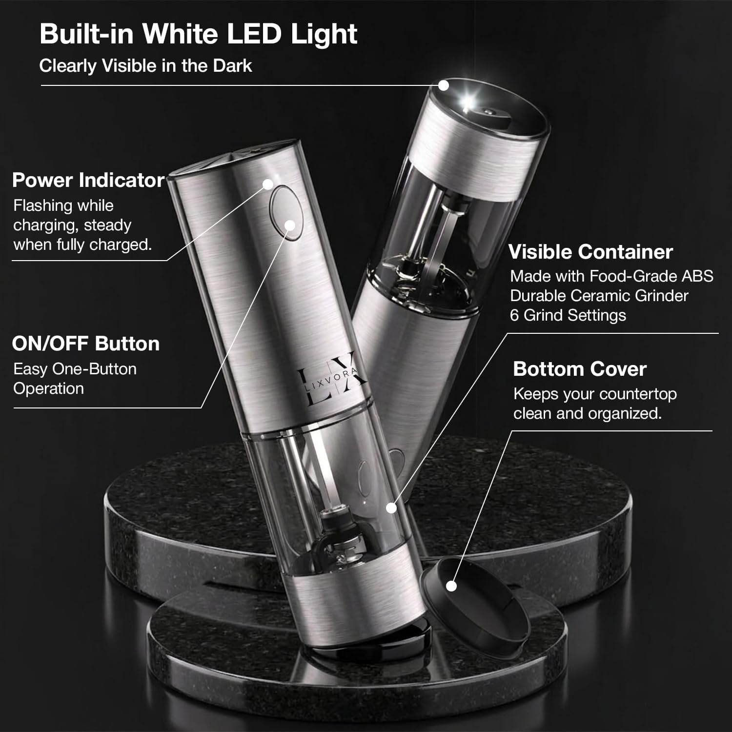 Electric Salt and Pepper Grinder Set, Rechargeable Salt and Pepper Grinders, Stainless Steel Automatic Pepper Mill, Adjustable Coarseness, LED Light, One-Hand Operation for Kitchen & Dining