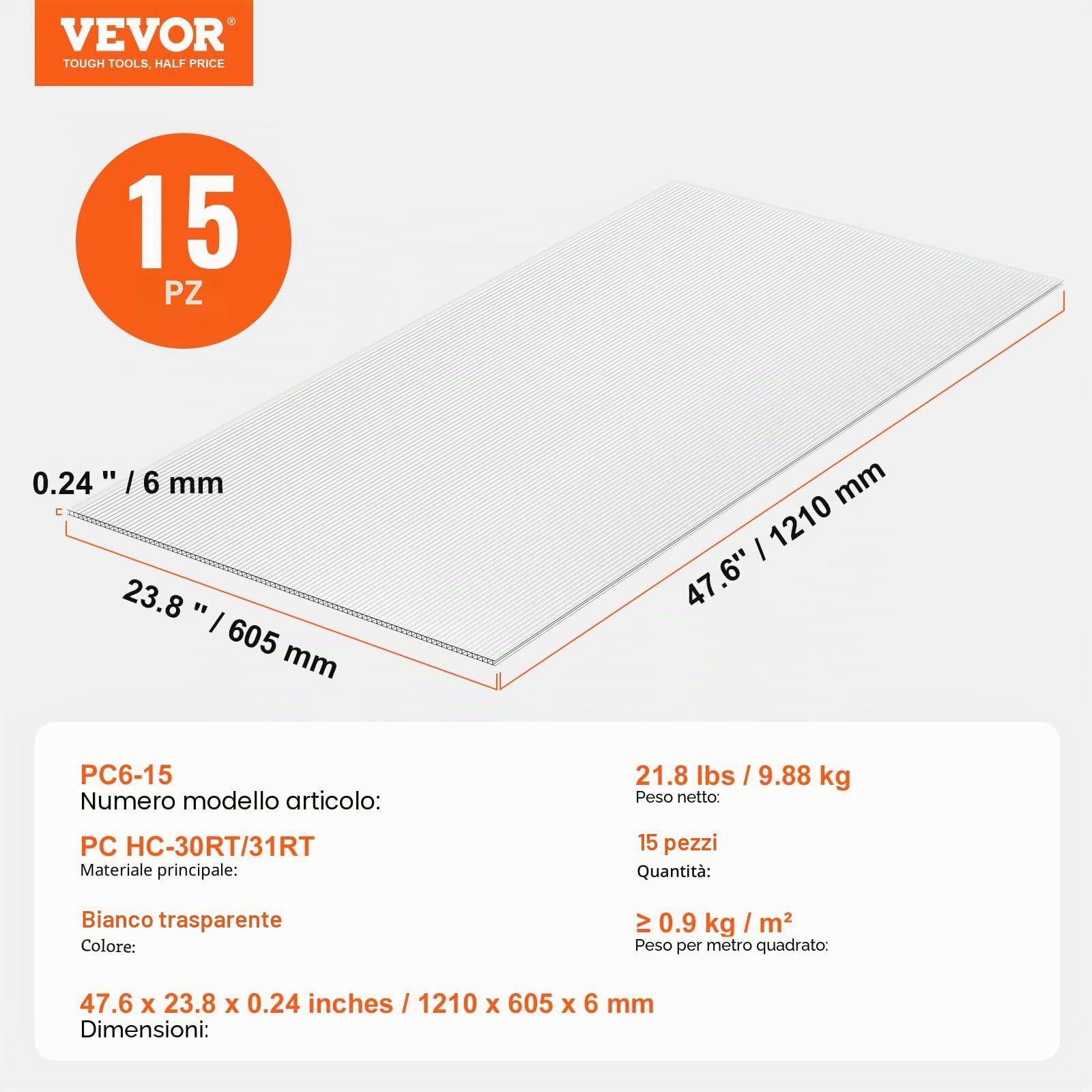 VEVOR Pannelli per Serre in Policarbonato per Tetti 15 Pezzi, 1210 x 605 x 6 mm, Coperture in Plastica Ondulata Impermeabile e Protetta dai Raggi UV, Lastre Trasparenti per Coperture Urti per Serre