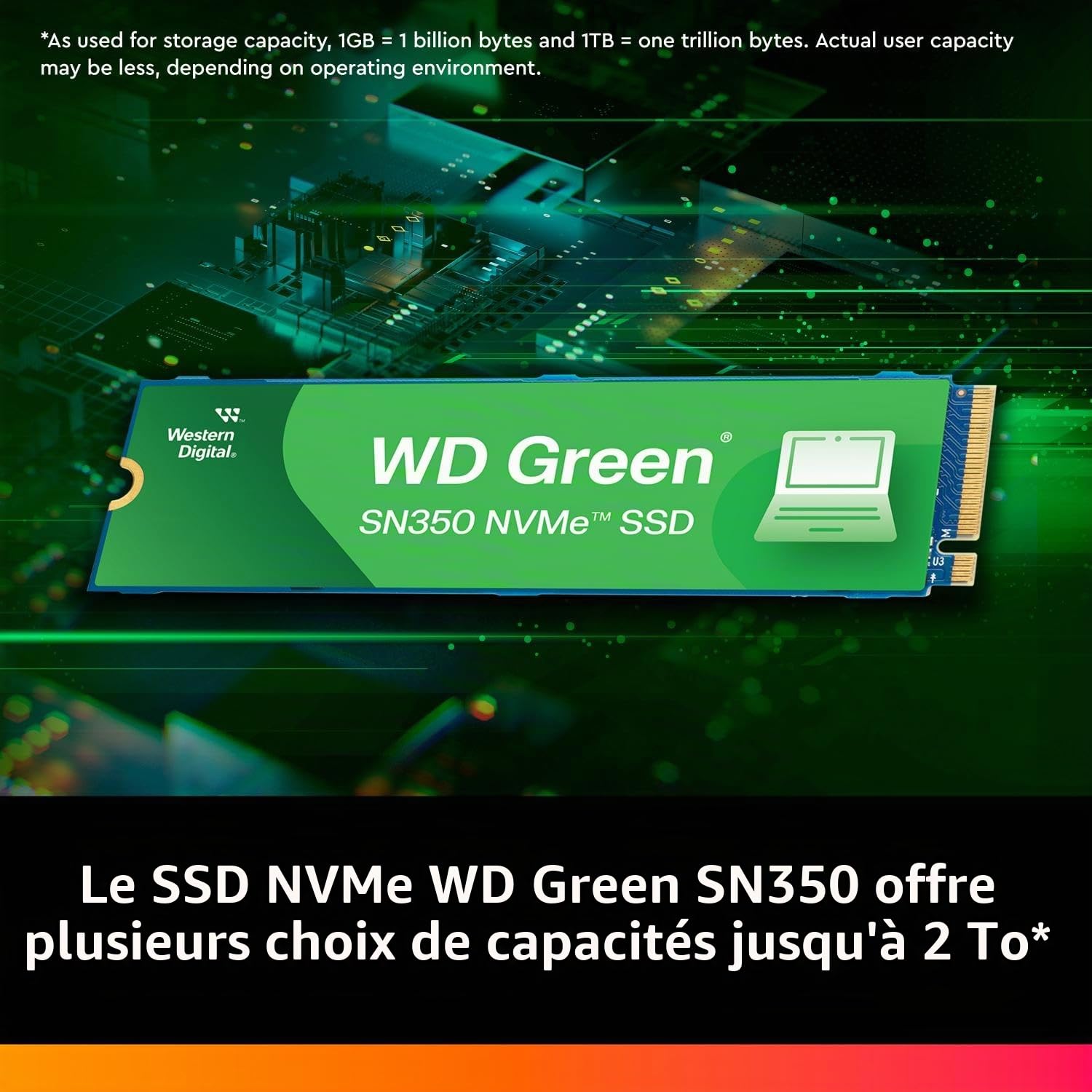 WD Green SN350 2 To M.2 NVMe SSD, possédant une vitesse de lecture de 3 200 Mo/s et une vitesse d'écriture de 3 000 Mo/s