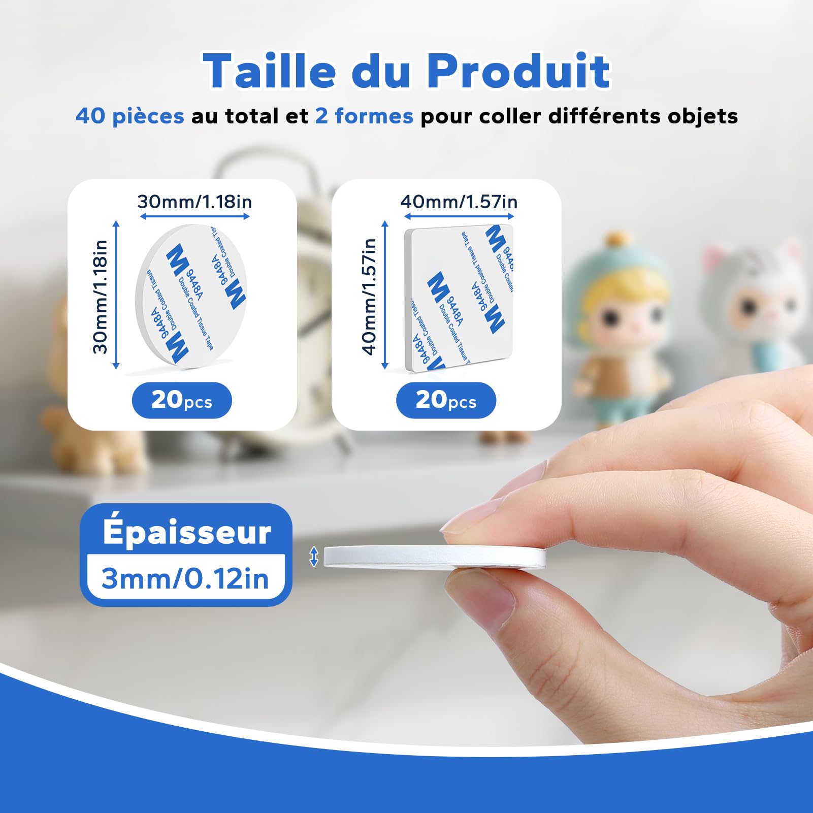 HOMMAND Adhésif Double Face Extra Fort Mousse, 40 Pièces Tampon Adhésif Imperméables Blanc