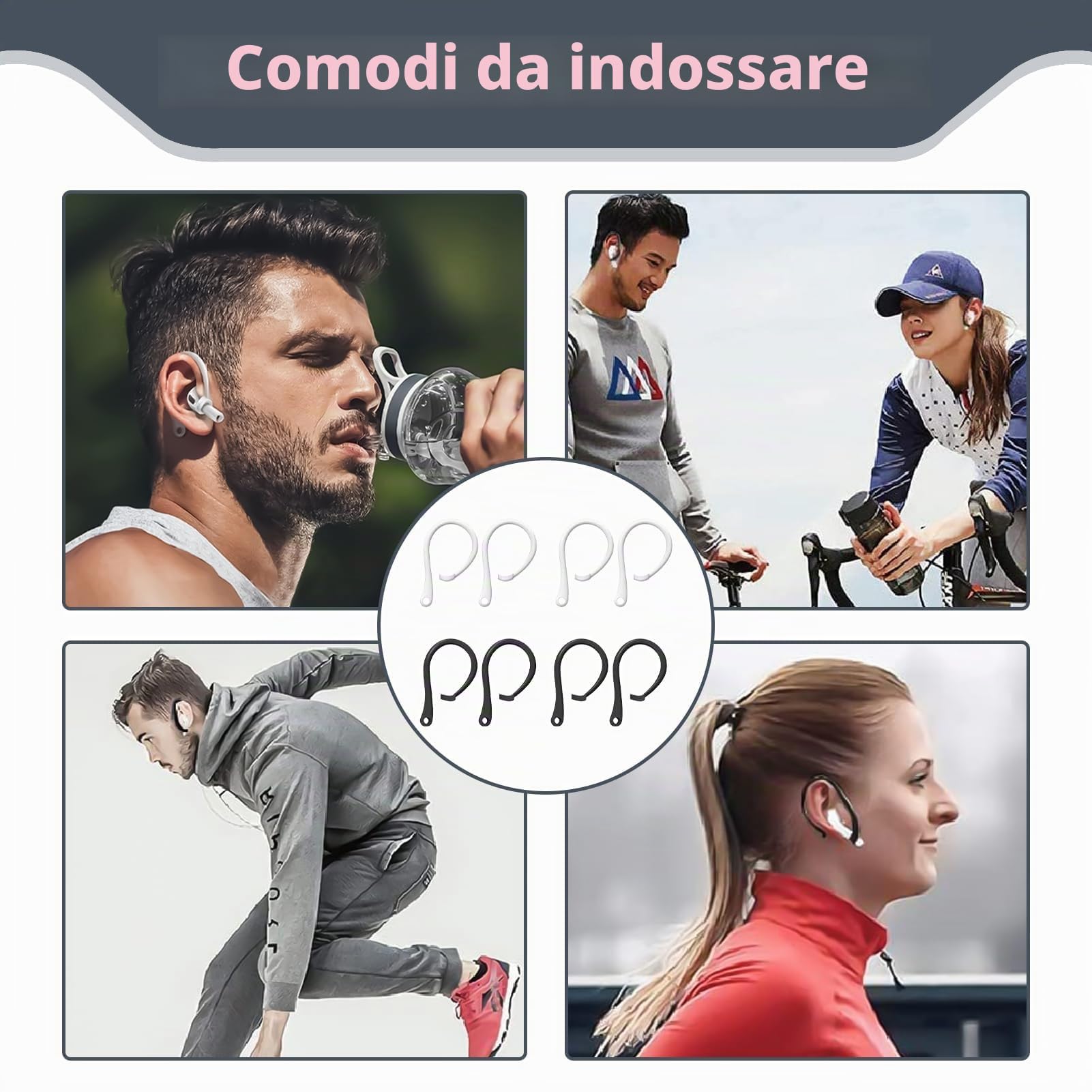 4 Paia Ganci per le orecchie Compatibili con AirPods 3 e AirPods 4, design sicuro e regolabile per attività outdoor, fitness e sport, per correre, ciclismo, con materiale TPU morbido e durevole
