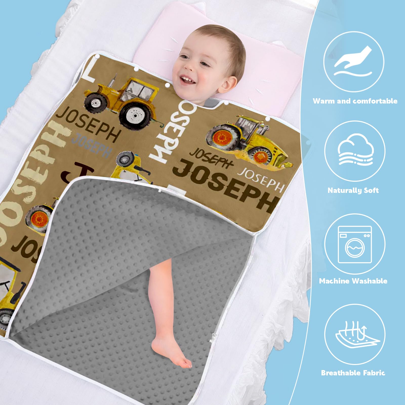 Personalized Toddler Sleep Sack 2t, Custom Name Tractor Pattern Kids Wearable Blanket Double Layer Zipper Soft Lightweight Sleeping Bag for Kids Boys Girls Brown