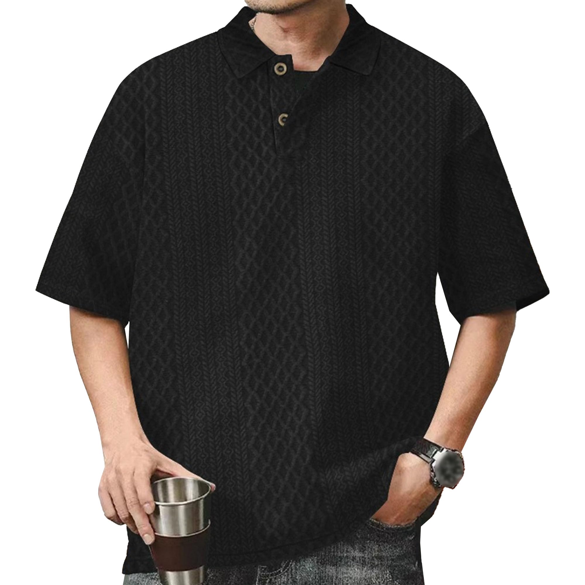 Men Jacquard Knitted Loose Shirts Casual Lapel Quarter Button T-Shirt Summer Cozy Workplace Pullover Tops (Black,Large)