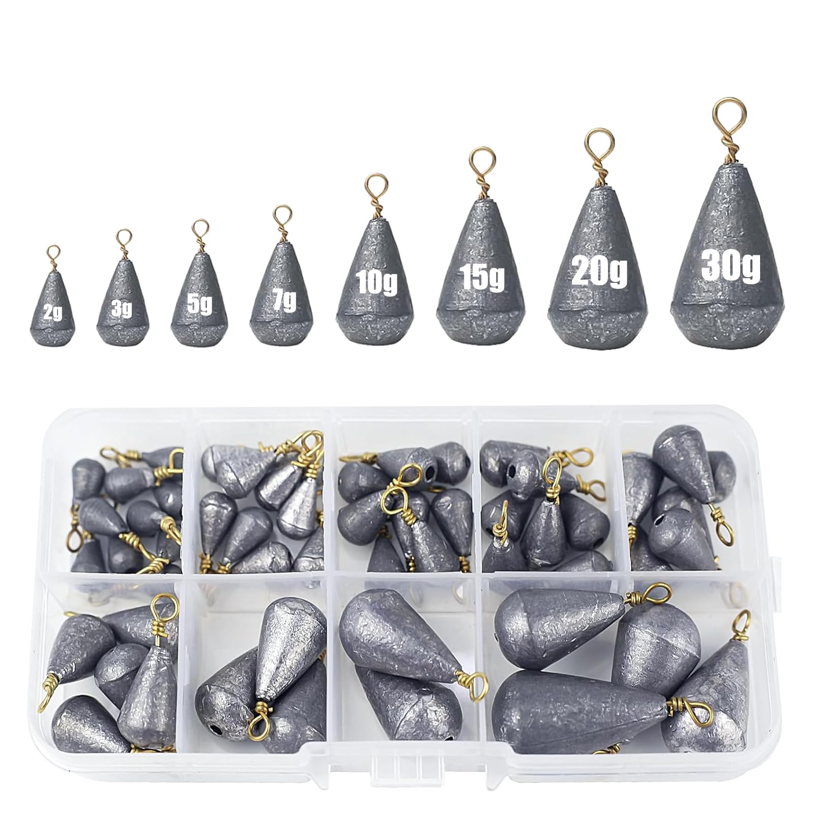 25 Pcs Small Fishing Sinkers & Weights Mixed 8 Sizes,2g 3g 4g 5g 7g 10g 15g 20g 30g Metal Carp Fishing Weights,Angler Tackle Accessory Fishing Weights Tear Drop Style Sinkers