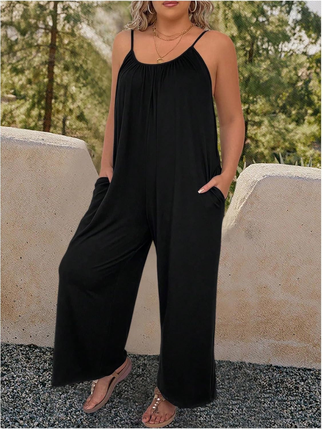 WDIRARA Women's Plus Size Scoop Neck Sleeveless Loose Cami Jumpsuit Wide Leg Pants with Pocket Black 1XL - Image 4