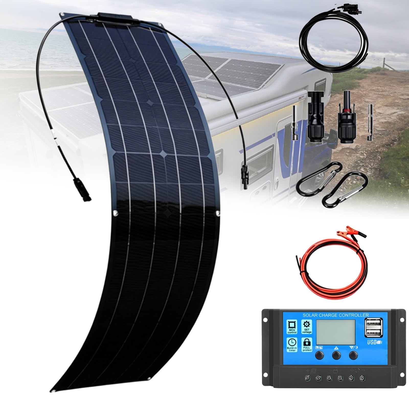 Placa Solar Flexible 200W 400W 800W Panel Solar Monocristalino Fotovoltaico Impermeable para Autocaravana Caravana Barcos Techos Casa Remolques Cargar Bateria(B,200W)