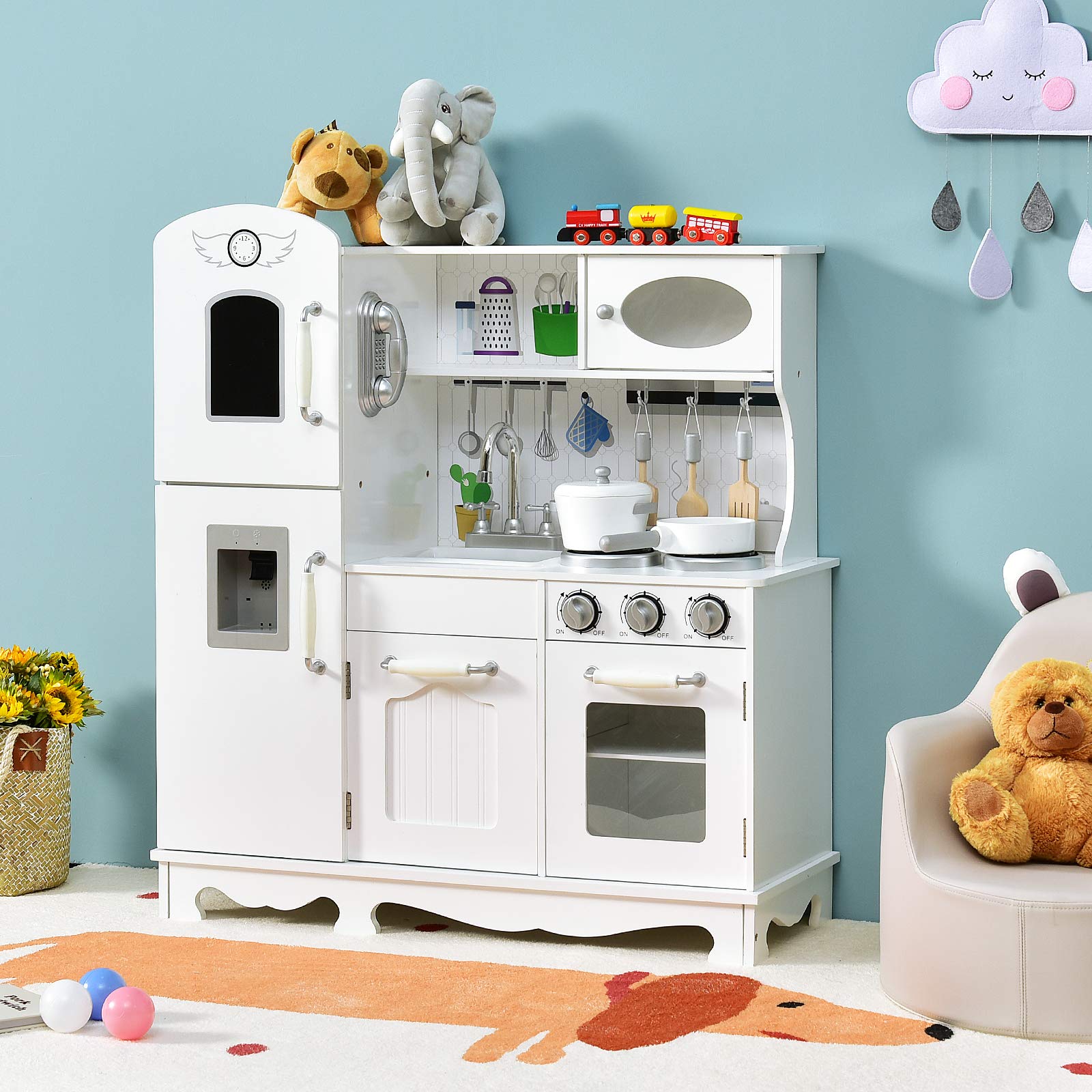 COSTWAY Kinderküche mit Licht & Sound, Kinder Spielküche Holz mit Tafel & Kühlschrank, inkl. Spielzubehör, Spielzeugküche für Kinder ab 3 Jahre, weiß, 79 x 30 x 88,5cm