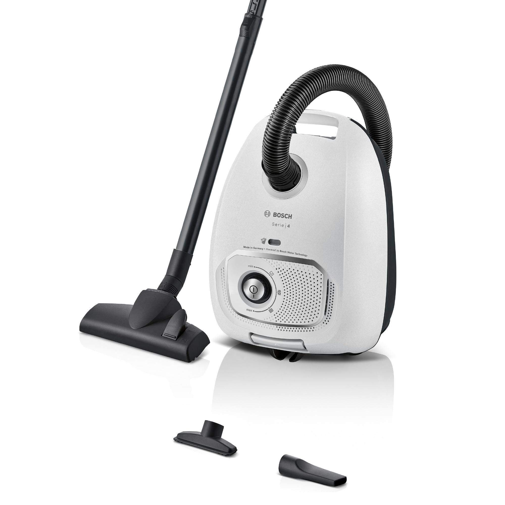 Bosch Serie 4 Odkurzacz Workowy, Promień Działania 11 m, Pojemność Worka XL, Ssawka do Tapicerki, Ssawka Szczelinowa, Zintegrowany Schowek na Akcesoria, Biały, BGB41WH1 | Odkurzacz z workiem XL, szczotka do tkanin i szczelin, zmywalny filtr, wyprodukowano
