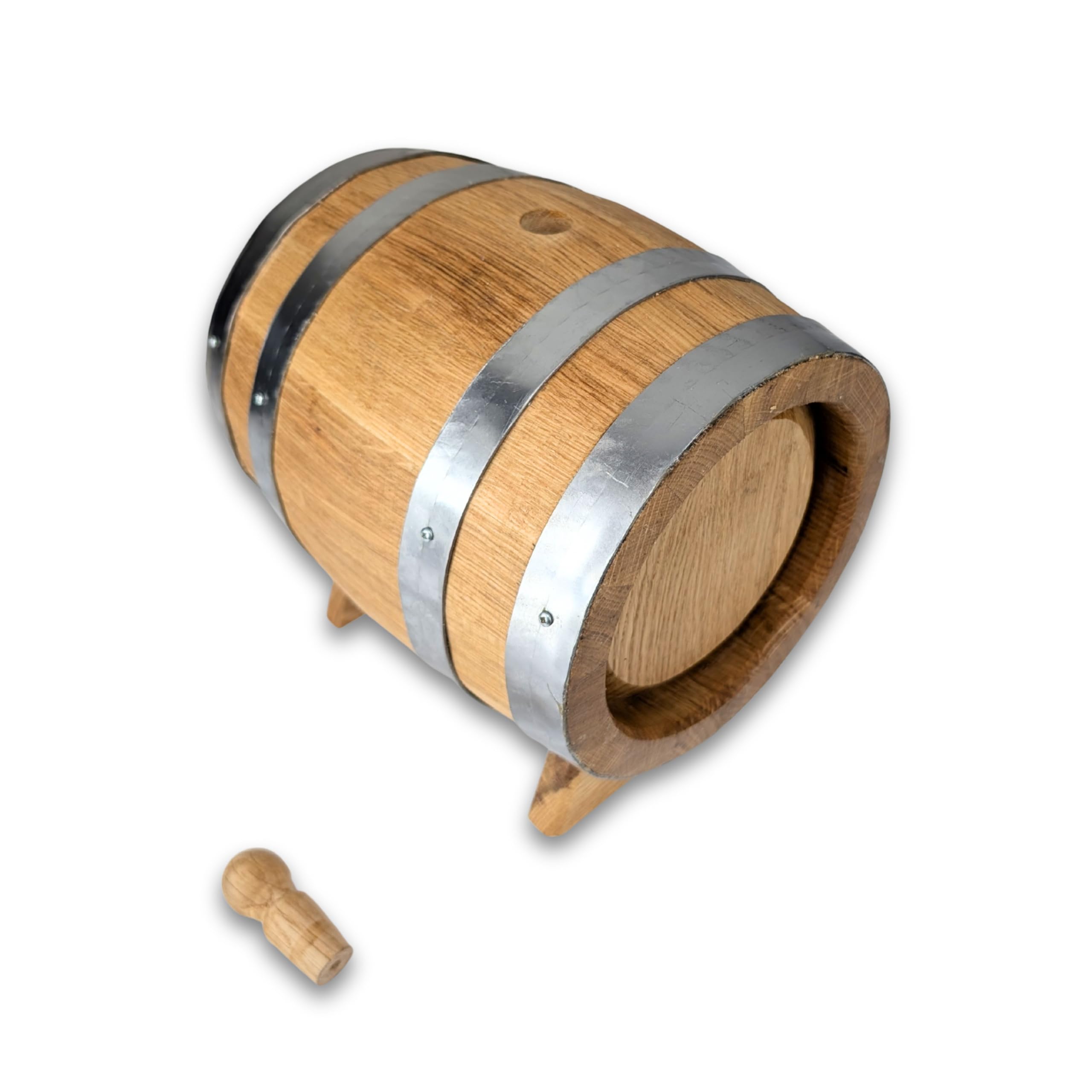 Eichenholzfass 3 Liter OHNE Hahnbohrung – Handgefertigtes Reifefass aus Stieleiche für Whisky, Wein & Schnaps – Innen ausgebrannt (Medium+), Edelstahlreifen, gewachst