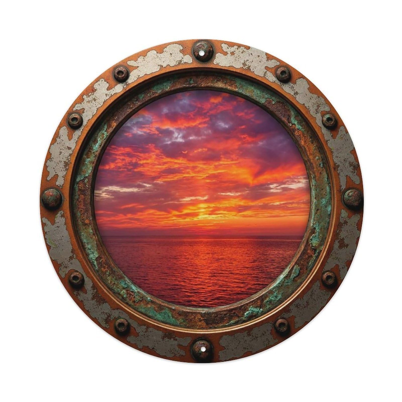 Vintage Porthole Scarlet Sunset Nautical Window View Vintage Metal Tin Sign Plaque Wall Decor for Cafe, Club Bar, Office, Garden Metal Poster 8x8Inch