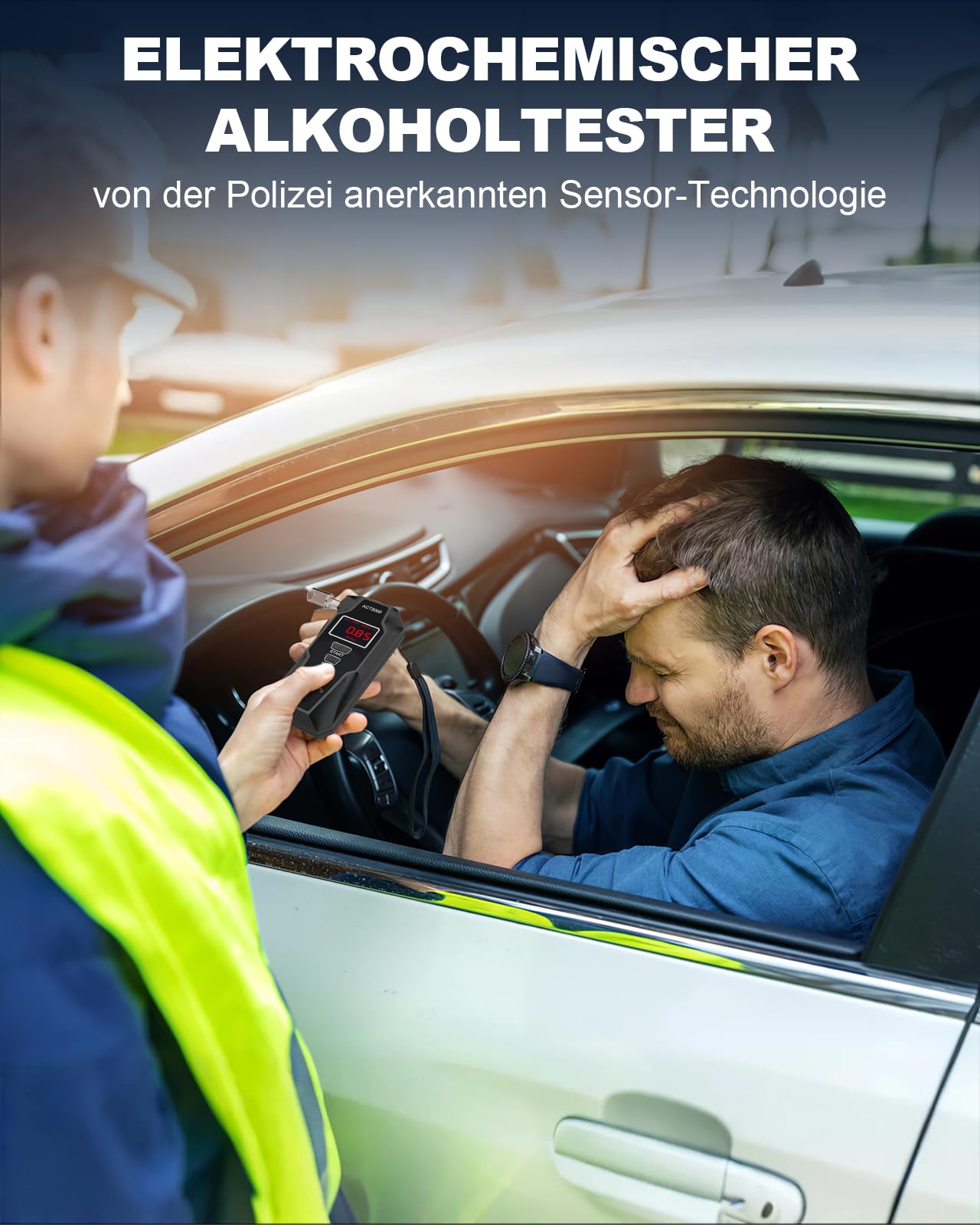 Elektrochemischer Alkoholtester mit 15 Mundstücken & Tragetasche - UK Brennstoffzellen-Sensor Professioneller Atemalkoholmessgerät, Digitales LCD Messgerät, 50 Speicherplätzen (Schwarz)