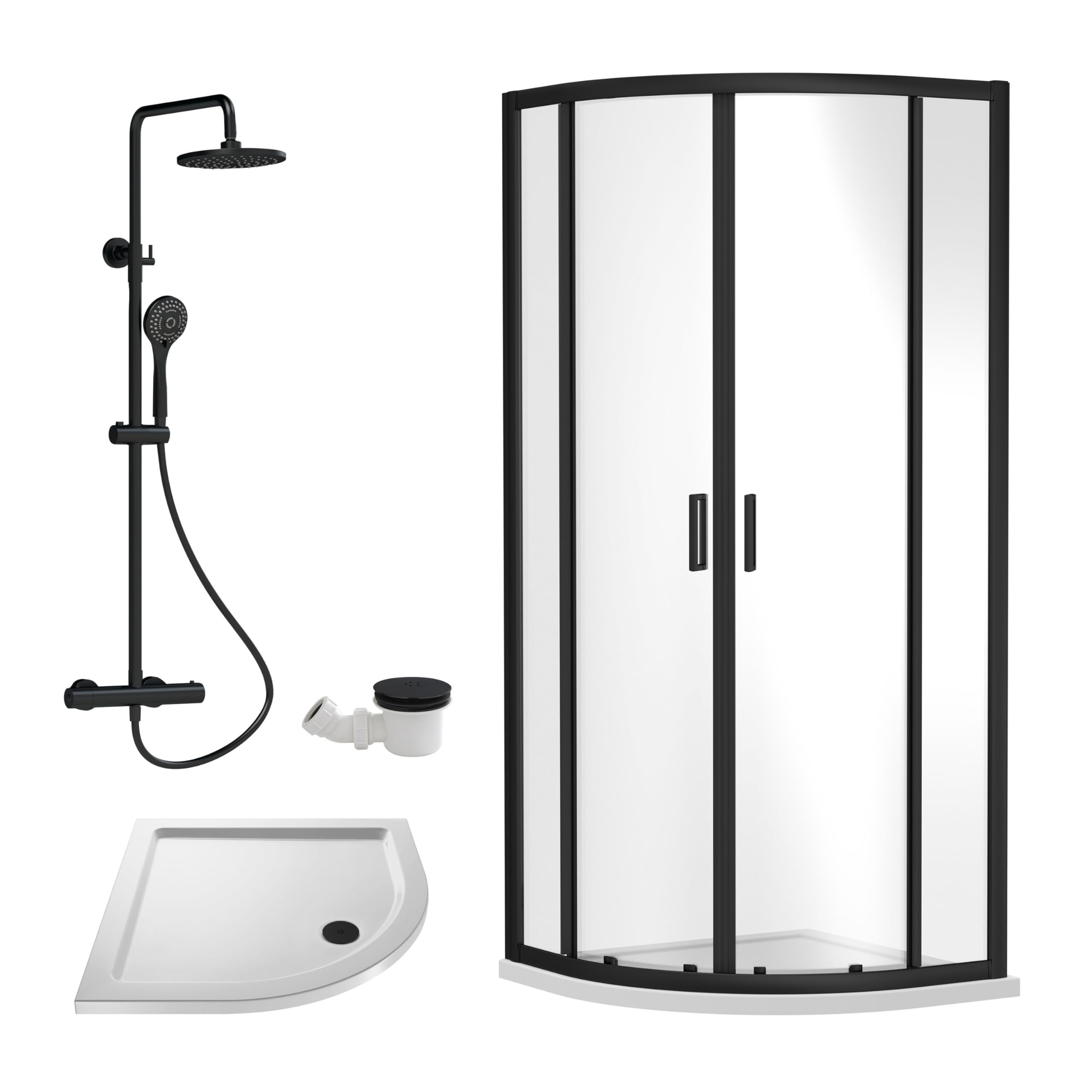 Balterley Black Quadrant Shower Enclosure With Quadrant Tray, Waste & Thermostatic Shower Kit, 6Mm Toughened Safety Glass Door, Bar Handle Sliding Glass Door, Round Showerhead & Handset (Black)