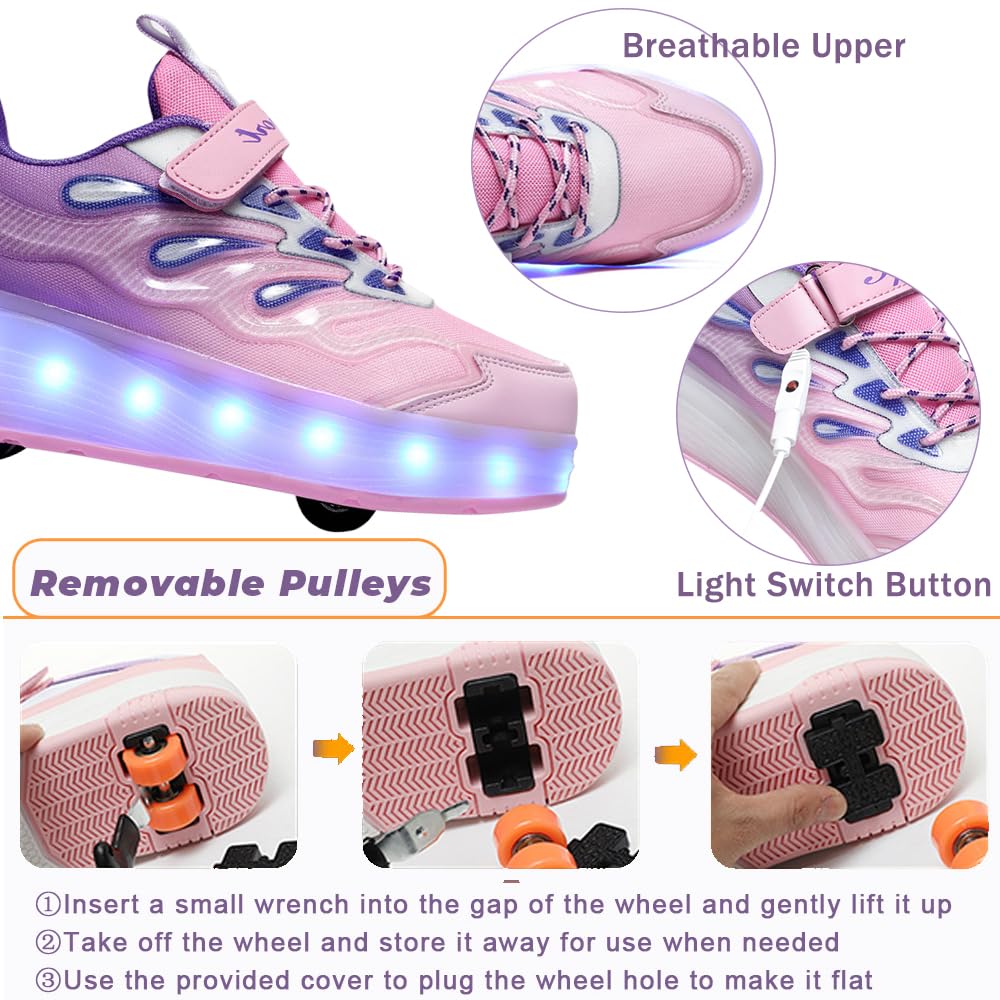 Patins à roulettes 2 en 1 Enfant Fille Garçon, Chaussures de Skateboard 4 Roues Amovible Brillantes