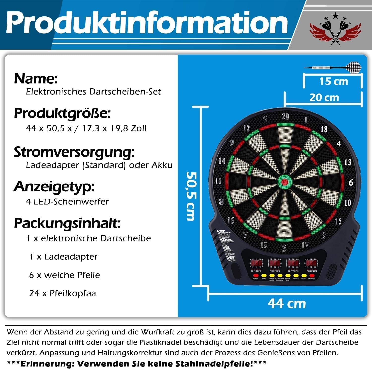 Bersaglio elettronico per freccette, Tabellone digitale per freccette per fino a 16 giocatori, 27 giochi con 243 opzioni di gioco per feste e serate di gioco DB301