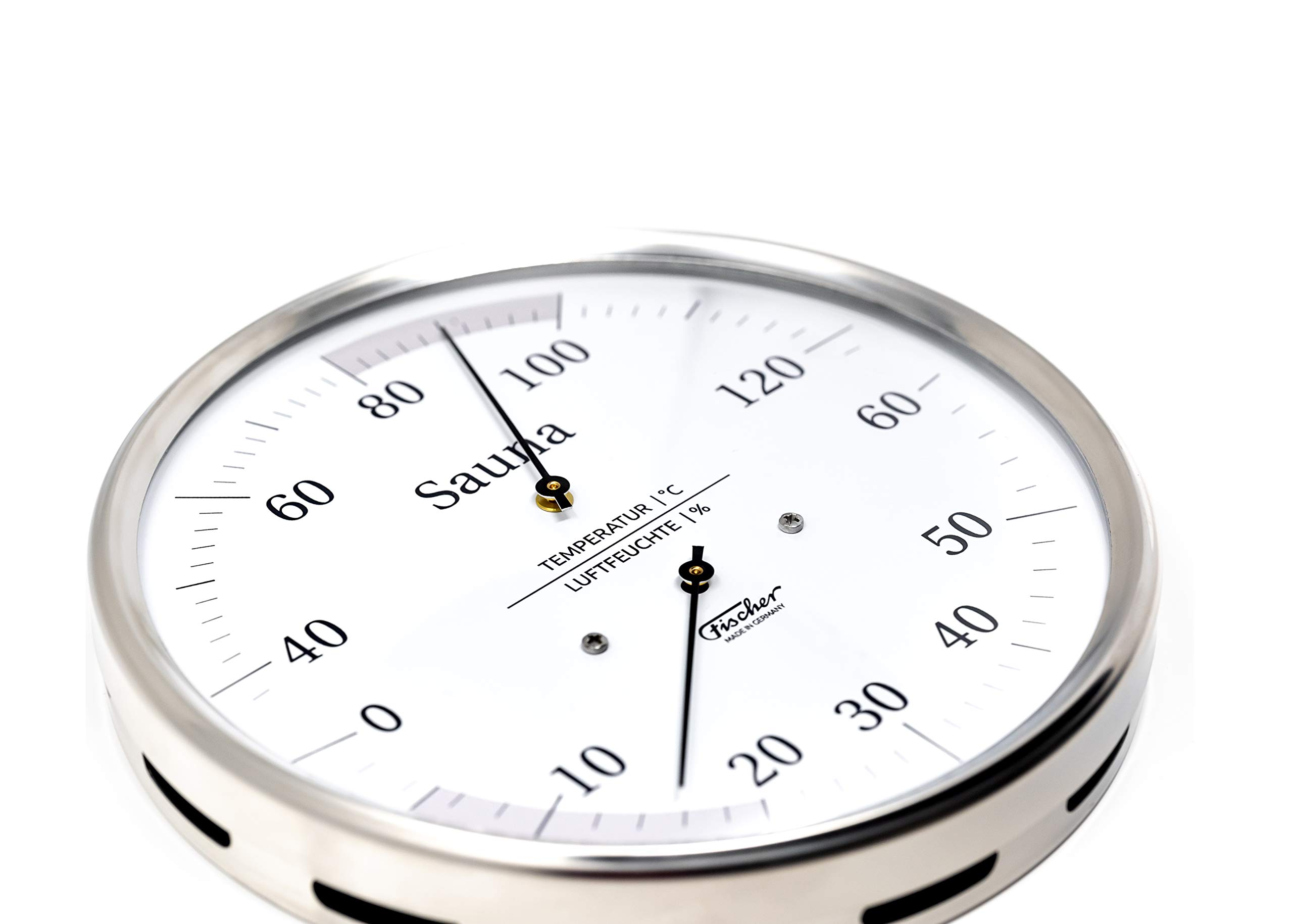 Fischer 194.01 - Sauna-Thermohygrometer - 130mm Haar-Hygrometer und Bimetall-Thermometer aus Edelstahl Made in Germany