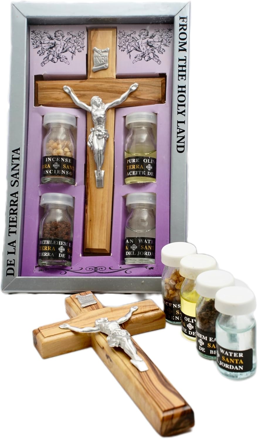 Handmade Holy Land 8"/20cm Olive Wood Crucifix Cross Christian Gift Set Symbols 5pcs: Incense Olive Oil, Holy Water, Bethlehem Soil Earth Blessing Kit