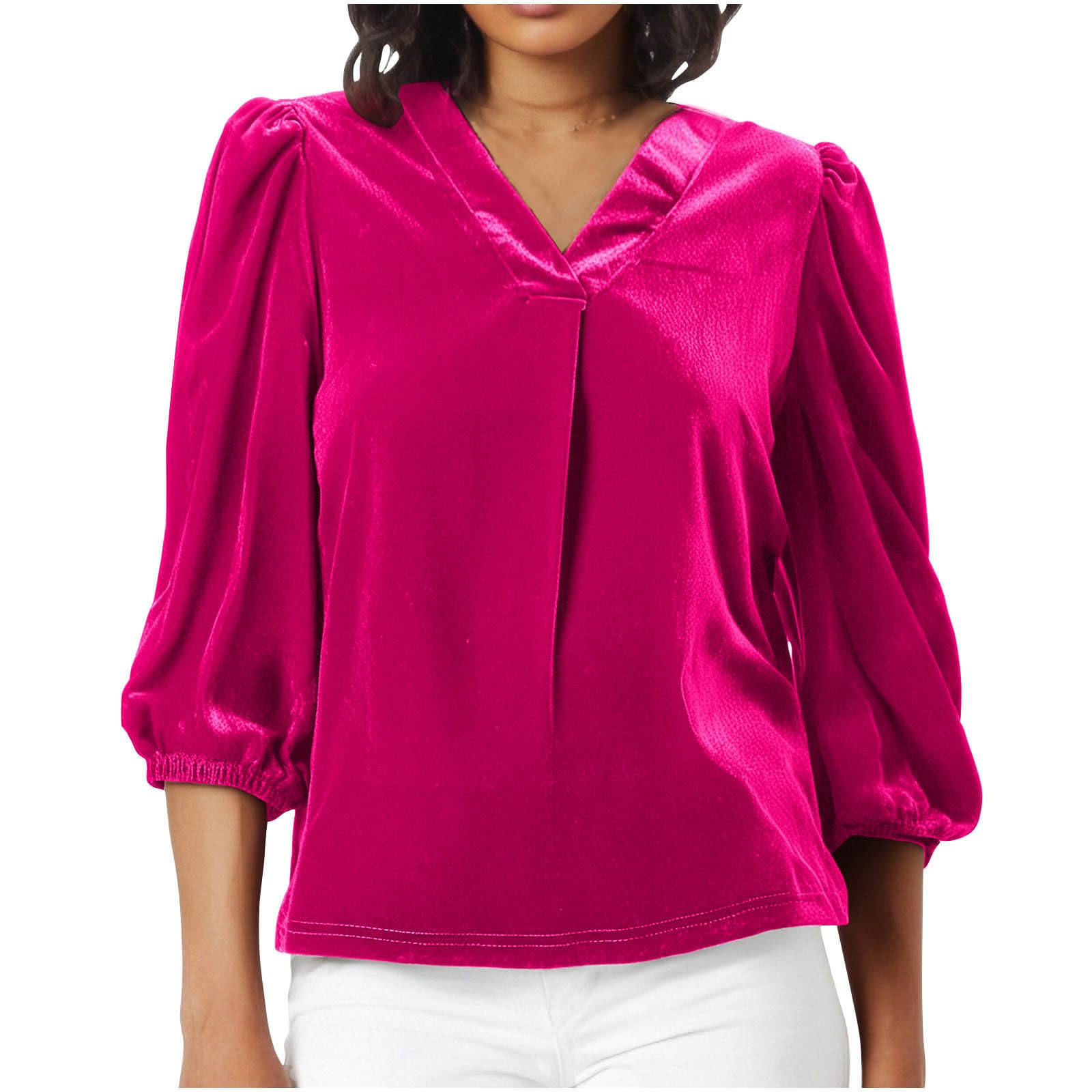 Women's Velvet 3/4 Sleeve Pullover Tops V Neck Ruched Shirt Solid Color Casual Loose Shirt Trendy Comfy Dress Blouse Pink