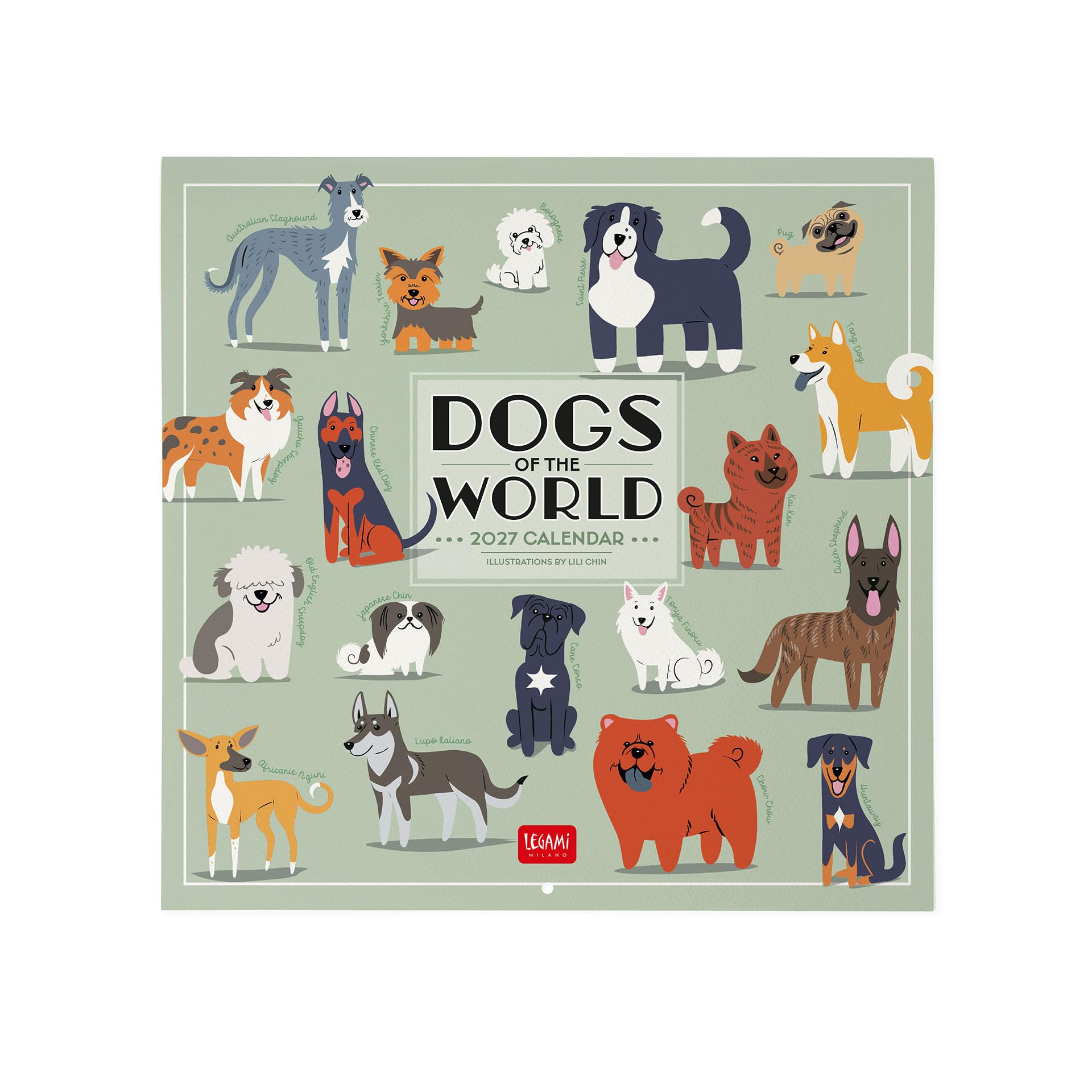 Legami - 2027 Wall Calendar, Dogs of the World, Large Wall Calendar, 12 Months and Year Planner, English, Space for Notes, Zodiac Signs, International Holidays, 30 x 29 cm