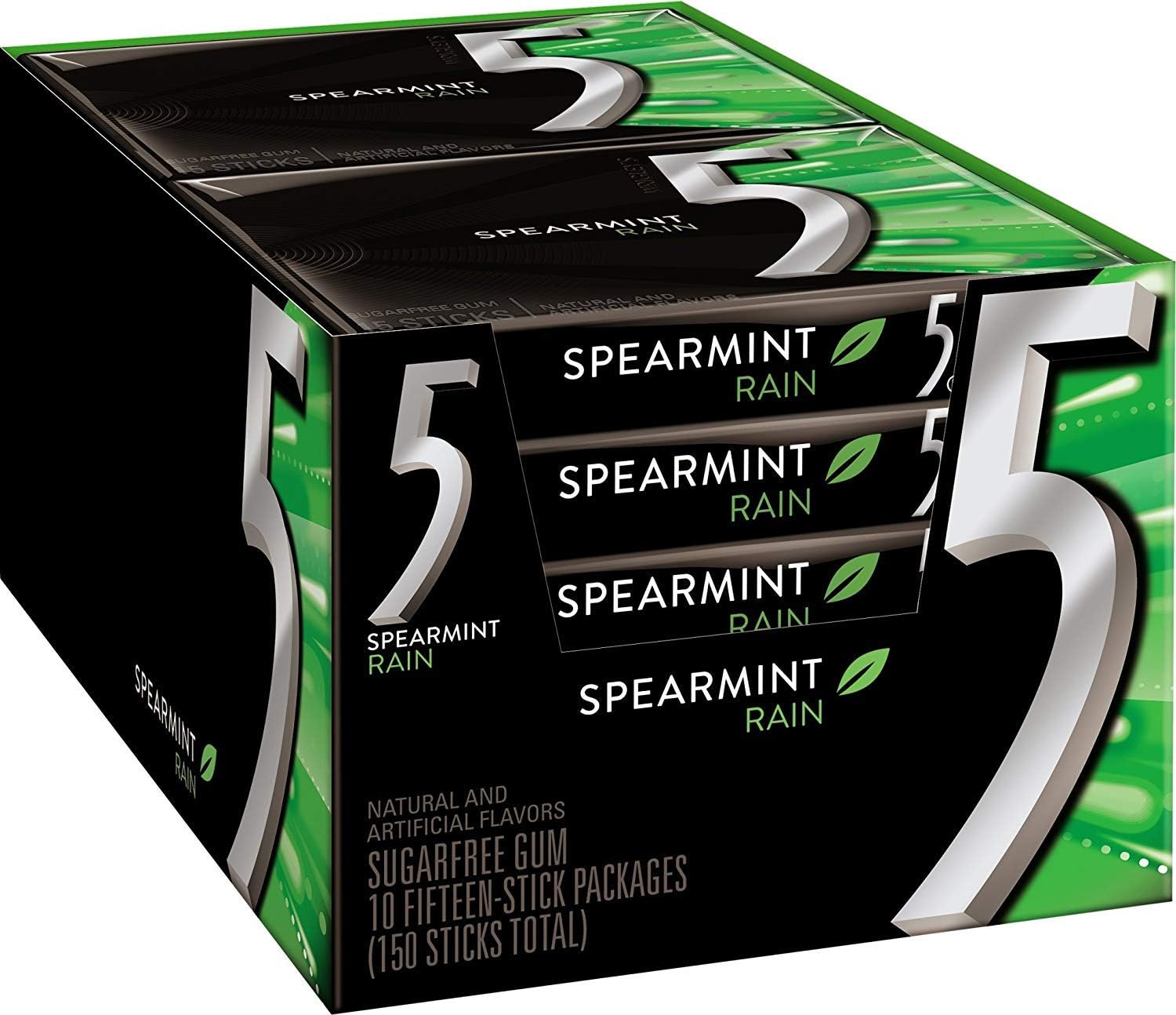 5 Gum Sugar Free Gum, RainSpearmint, 15 Piece Pack (10 Packs) (2 Pack (10 Packs))