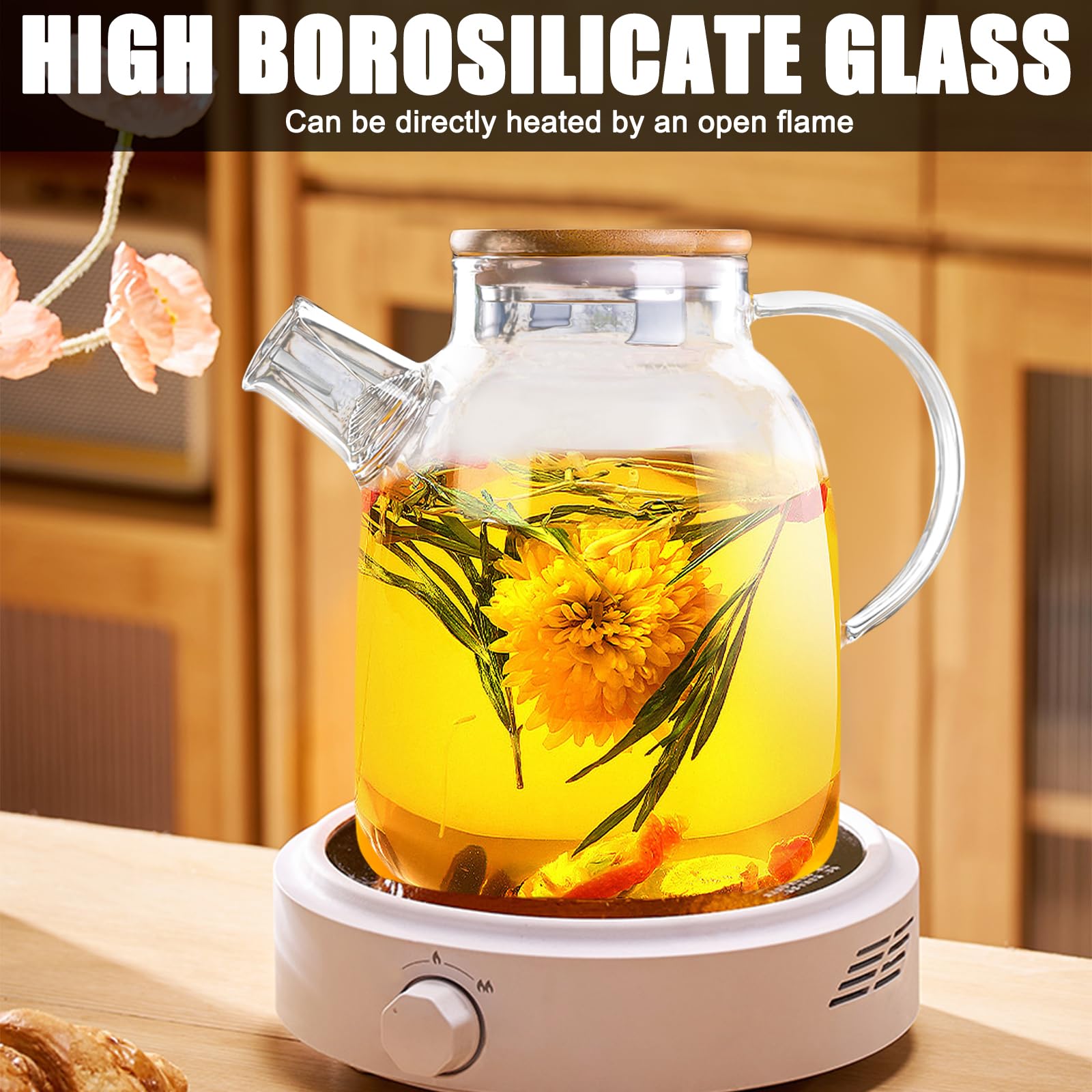 FUYTERY 1000ML glazen theepot met verwijderbare zetgroep, Kungfu Tea Art glazen theepot roestvrijstalen filterkan met zetgroep, bloeiende en losse theemakerset (500ML