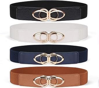 WERFORU Women Thin Elastic Belts,Skinny Stretch Vintage Fashion Waistband for Dress with Gold Buckle 4 Pack