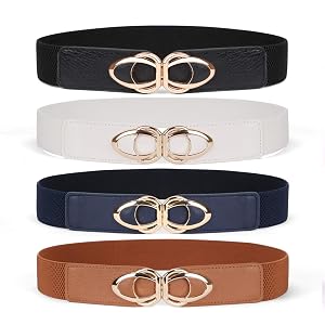 WERFORU Women Thin Elastic Belts Skinny Stretch Vintage Fashion Waistband for Dress with Gold Buckle 4 Pack