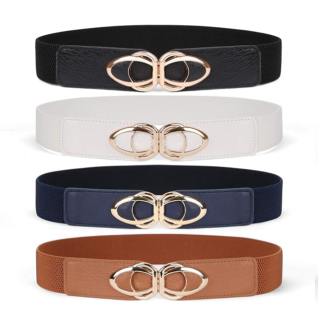 WERFORU Women Thin Elastic Belts Skinny Stretch Vintage Fashion Waistband for Dress with Gold Buckle 4 Pack