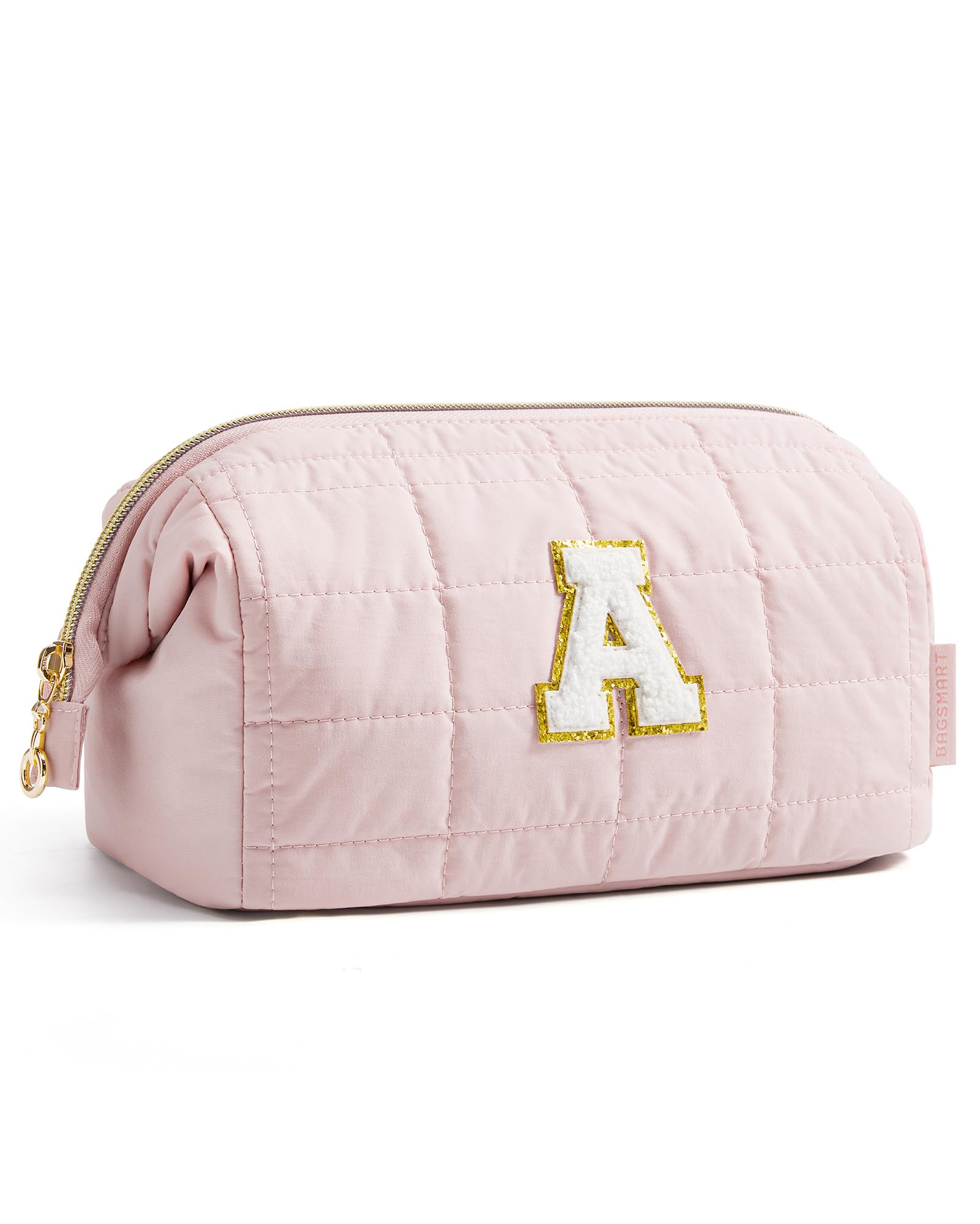BAGSMART Birthday Gifts Personalized Initial Makeup Bag, Trendy Stuff Gifts for Women Bridesmaid Graduation, Puffy Padded Make Up Bags for Women, Wide-open Toiletry Bag, Pink A