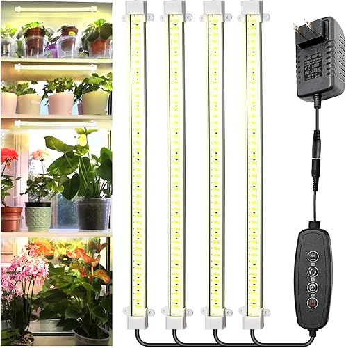 Paquete de 4 luces de cultivo para plantas de interior, tiras de luz LED DC12V, 432 luces LED de espectro completo con temporizador automático de
