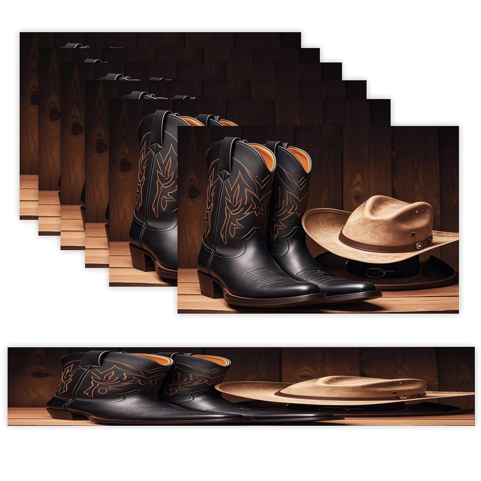 Cowboy Black Hat Western Boots Table Runner and Placemats Set of 6 Stain Resistant Heat Resistant Place Mats for Kitchen Dining Table Mats Long Table Runner Modern Art Dining Decor for Daily Use