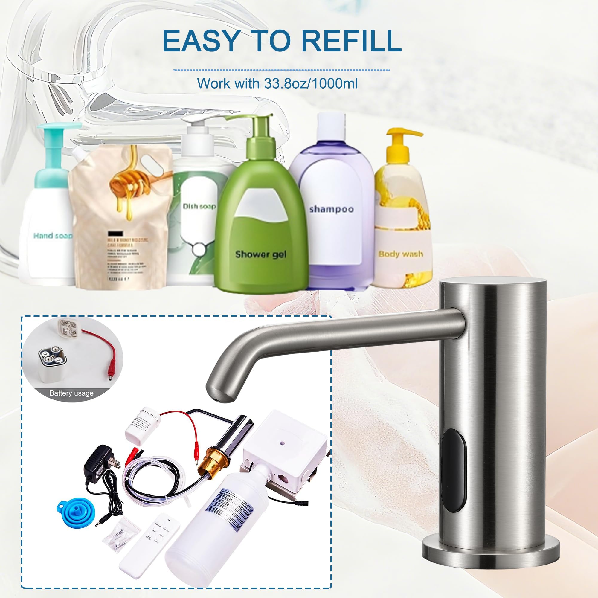 1000 ml automatyczny bezdotykowy dozownik mydła do kuchni, łazienki, ulepszone czujniki podczerwieni, wbudowany dozownik mydła do zlewu Smart Home