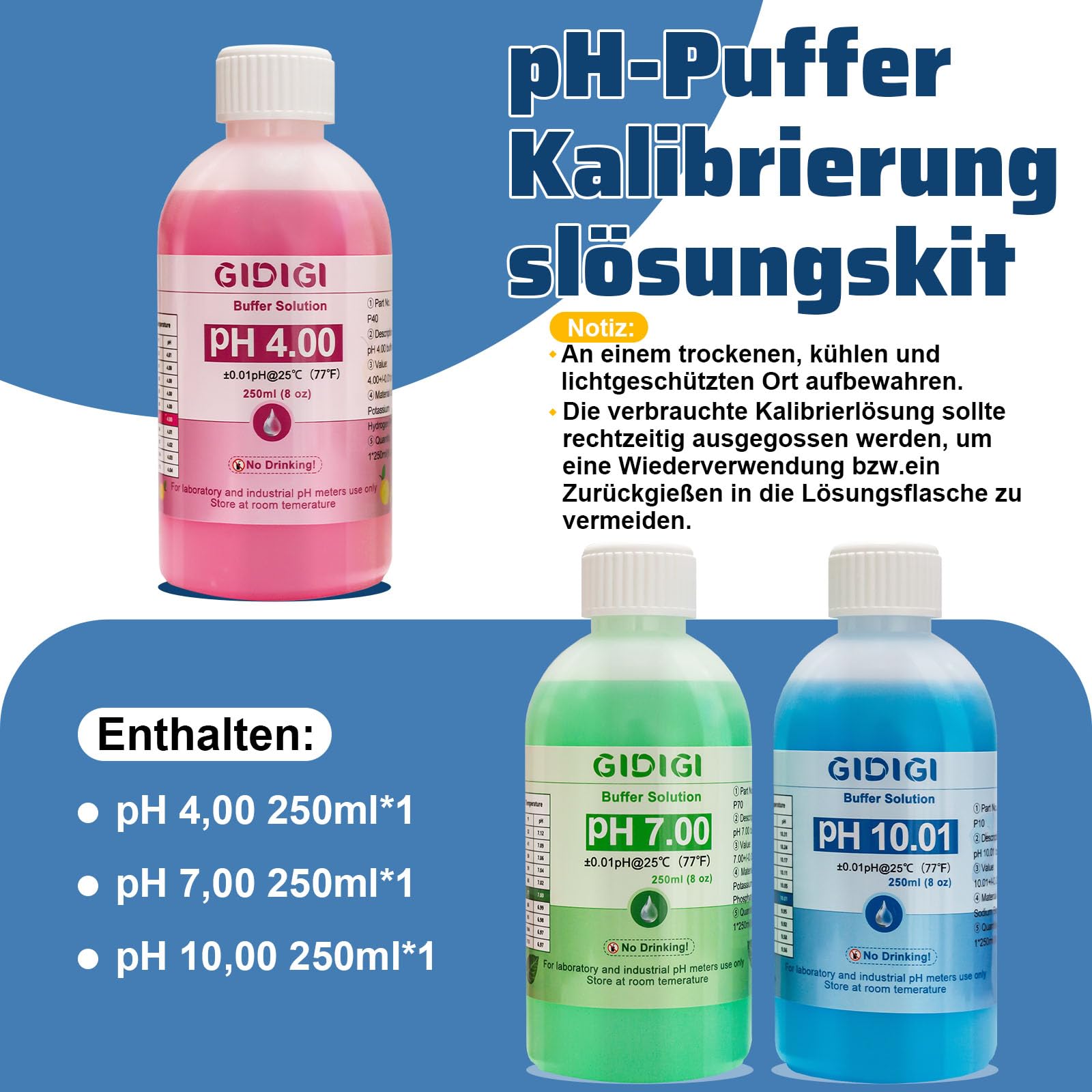 pH Messgerät Kalibrierungslösungs Kit, Enthält pH 4,00, 7,00 und pH 10,01 Lösung, pH Meter Sonden Kalibrierungslösungspuffer, pH Tester Zubehör 250 ml*3 (8,4 fl oz)